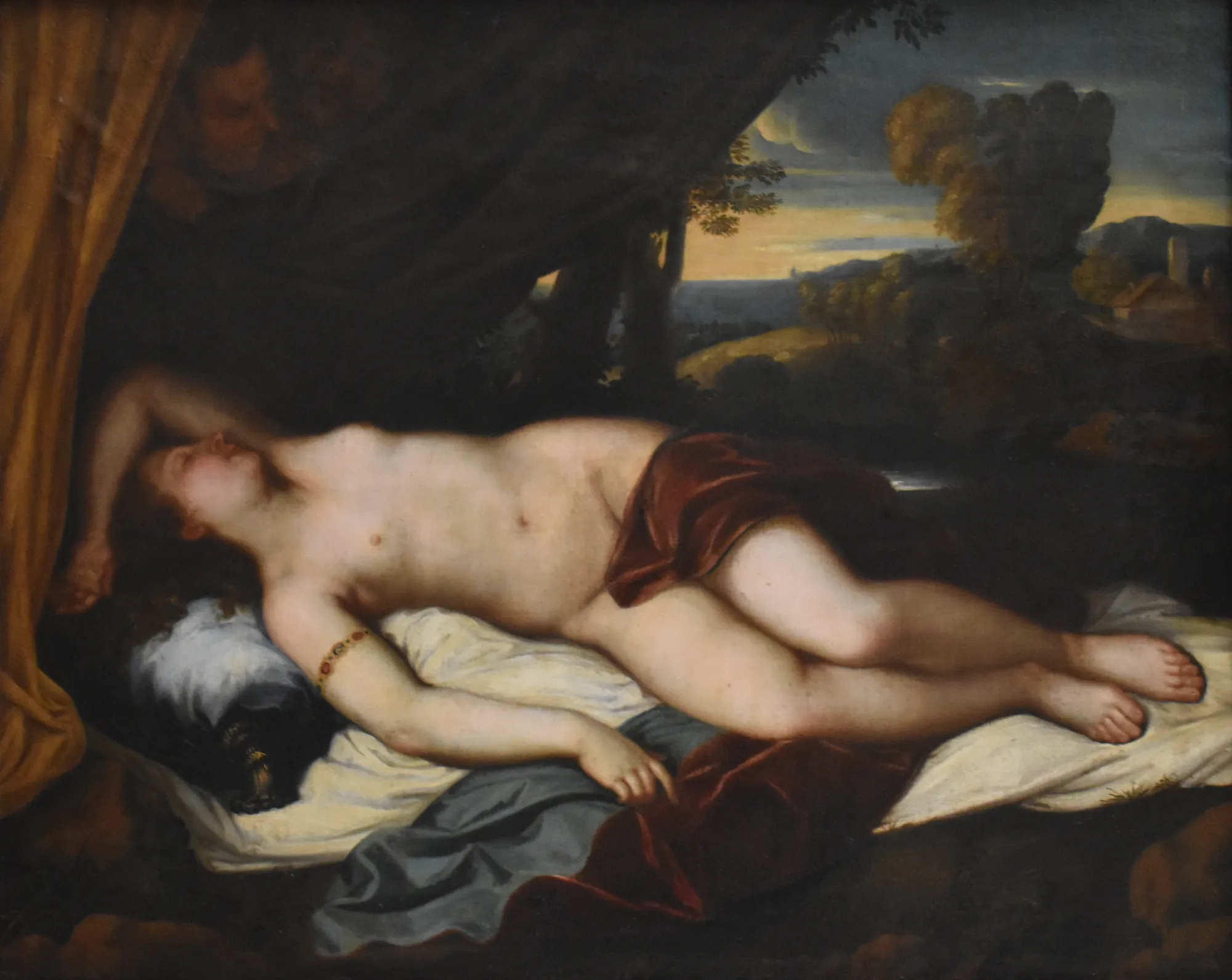 Nymphe guettée par deux satyres Nymphe guettée par deux satyres by Unknown Artist. A reclining nude nymph sleeps on a draped bed while two satyrs peer from the dark foliage above her.