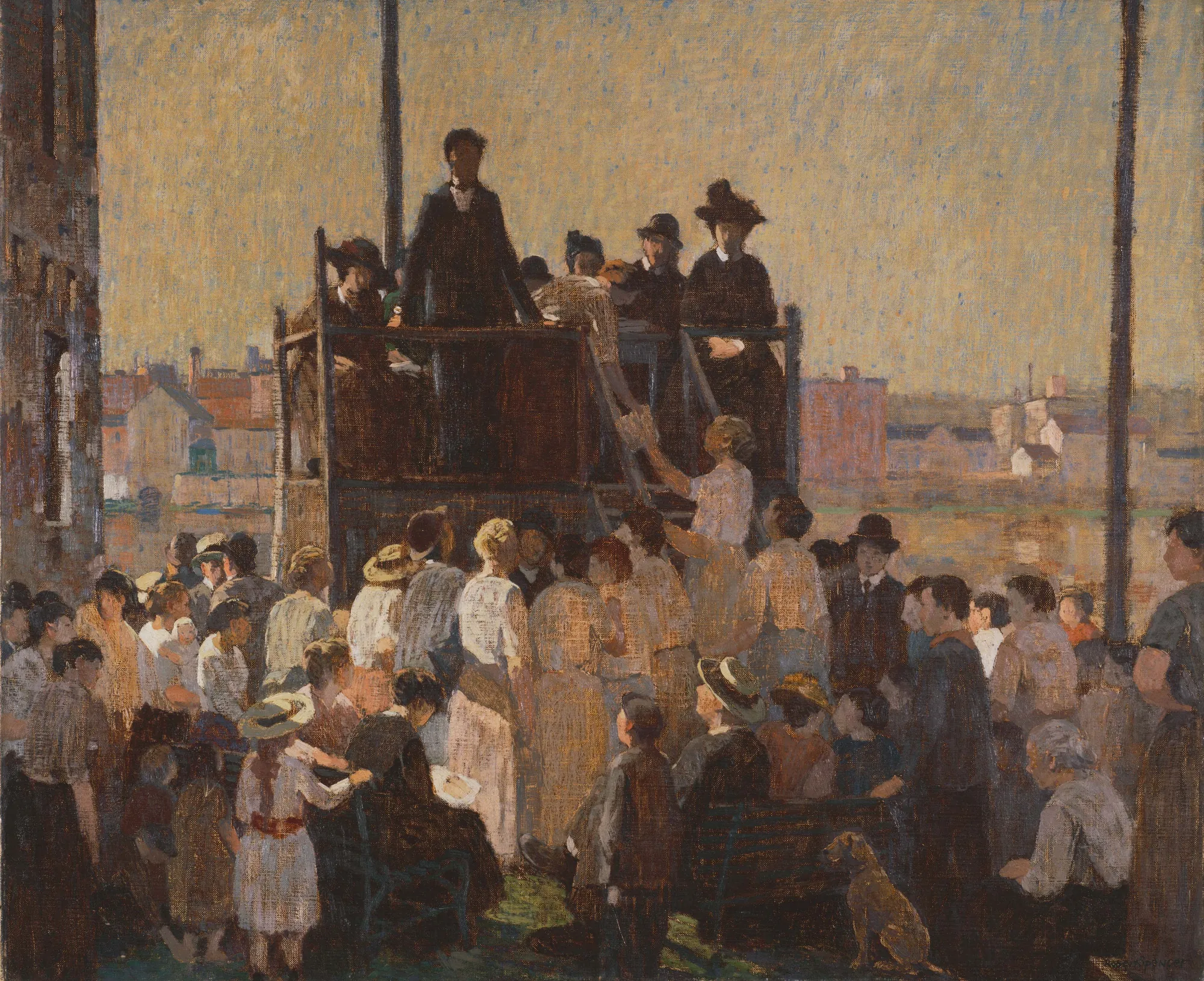 The Evangelist The Evangelist by Robert Spencer. A large crowd of people gathered outdoors listens to a man speaking from a raised wooden platform against a hazy urban background.