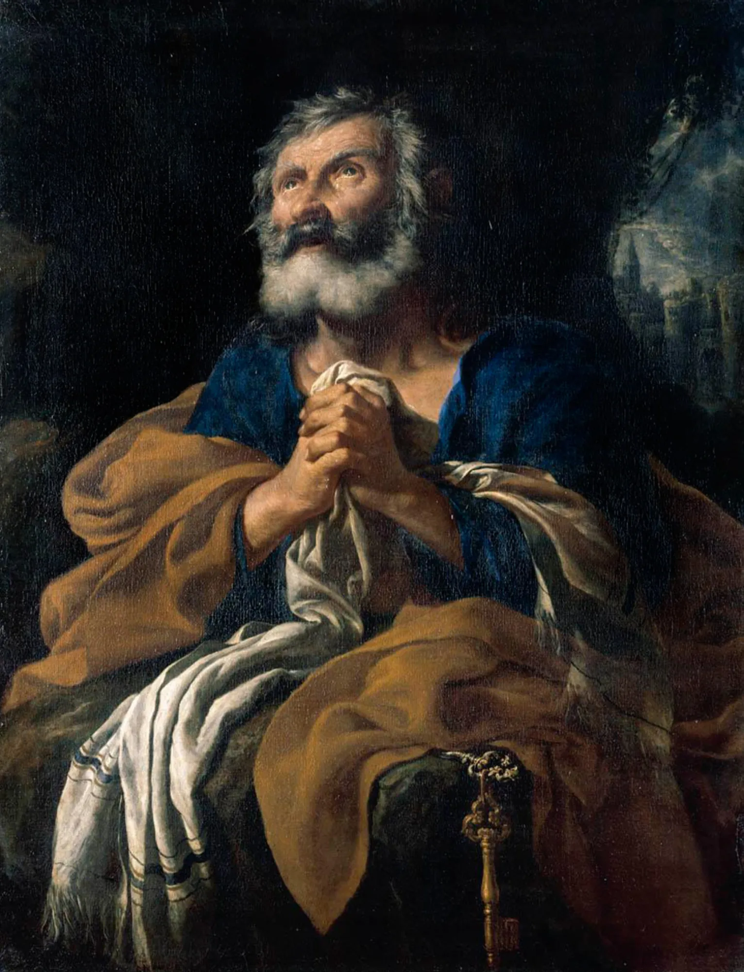 St. Peter in Penitence St. Peter in Penitence by Flaminio Torre. A bearded older man looks upward with a sorrowful expression, his hands clasped over a white cloth, set against a dark, atmospheric background.