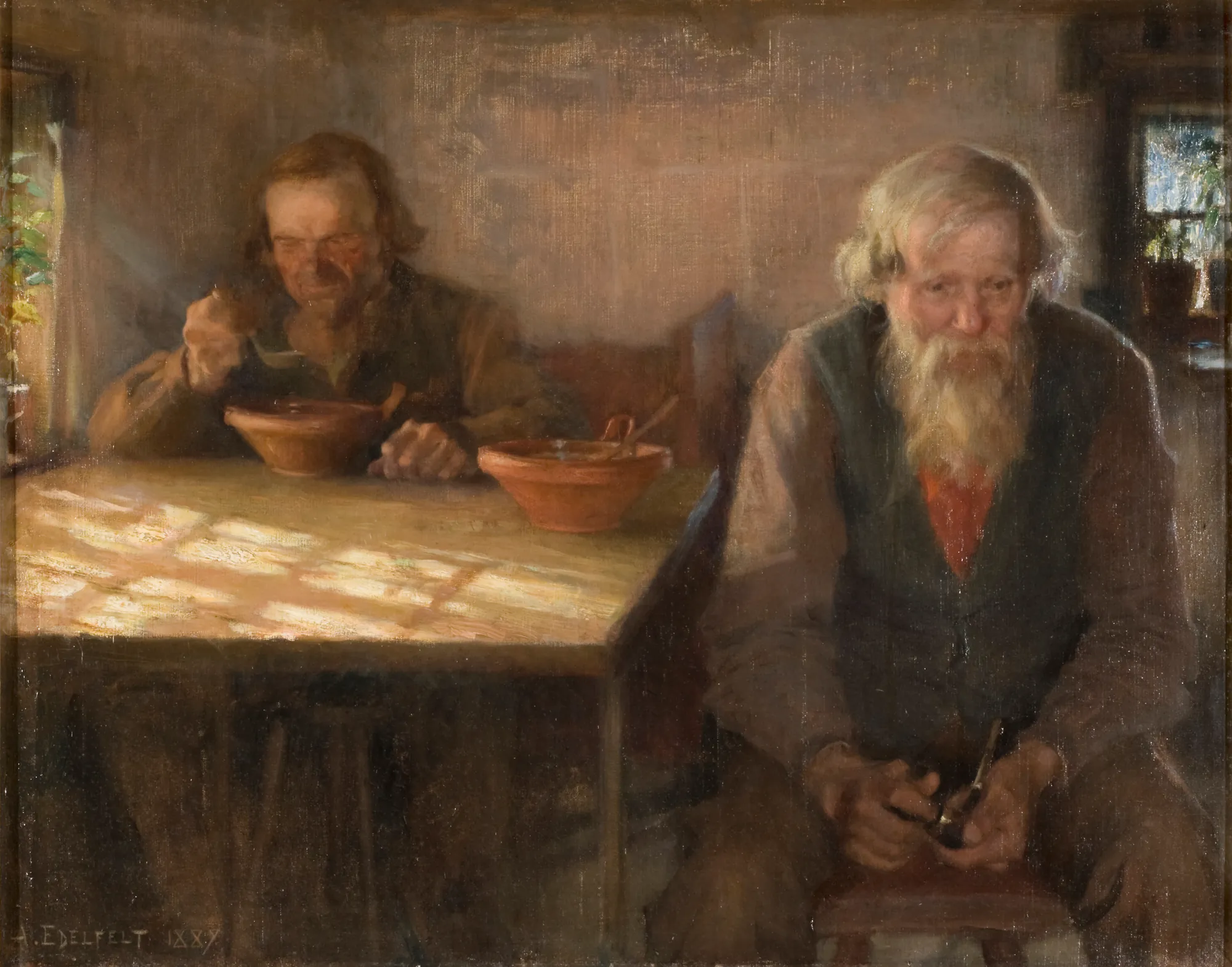 The Day of Rest The Day of Rest by Albert Edelfelt. Two men are depicted in a dim, rustic interior; one eats from a bowl at a sunlit wooden table while an older, bearded man sits contemplatively in the foreground.
