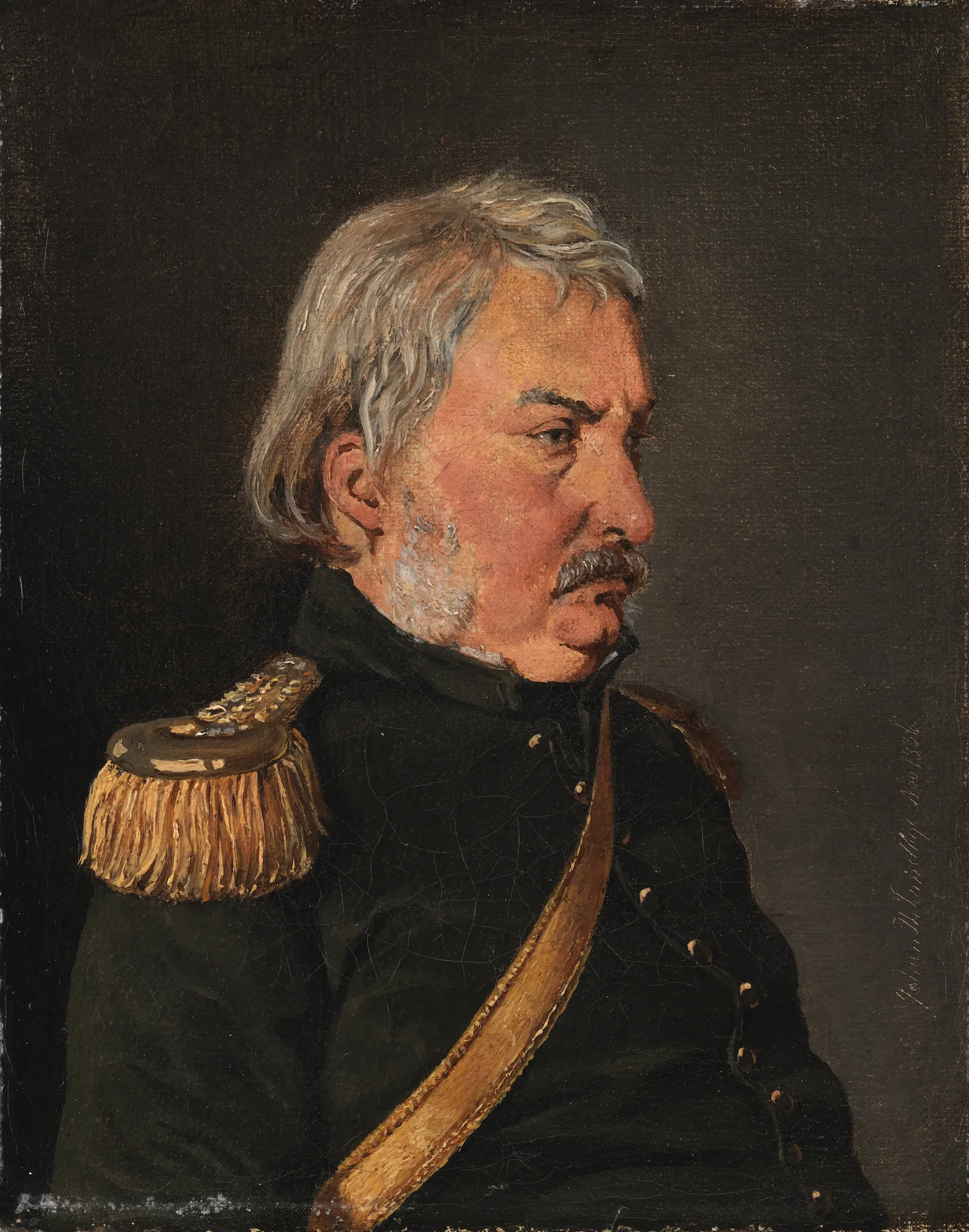 Colonel Joachim Theodor Lundbye Colonel Joachim Theodor Lundbye by Johan Lundbye. A profile portrait of an older man with grey hair and a moustache, dressed in a black military uniform with a prominent gold fringed epaulette.