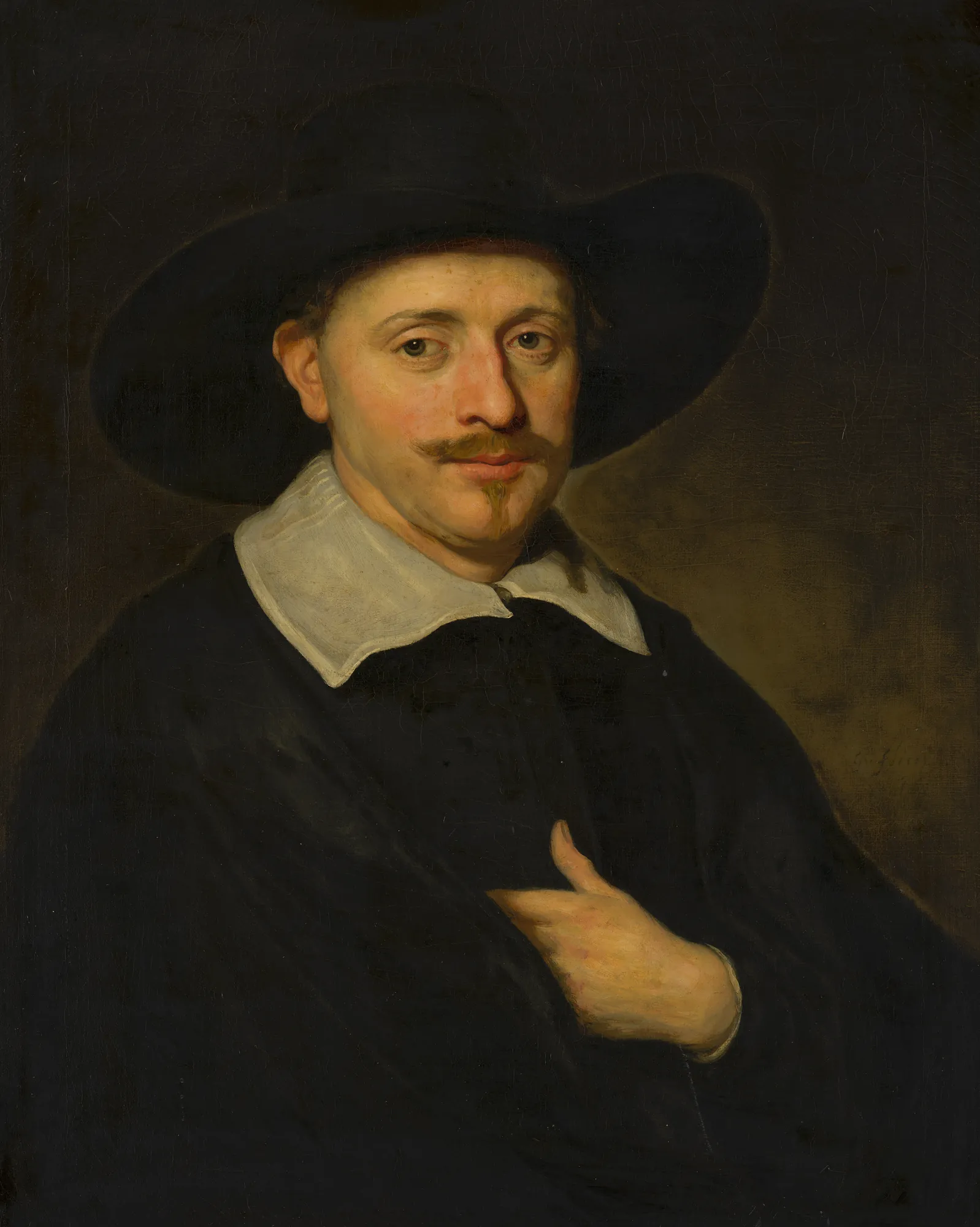 Portrait of a Man Portrait of a Man by Govert Flinck. A 17th-century portrait of a man with a mustache and goatee, wearing a wide-brimmed black hat and a white collar against a dark background.