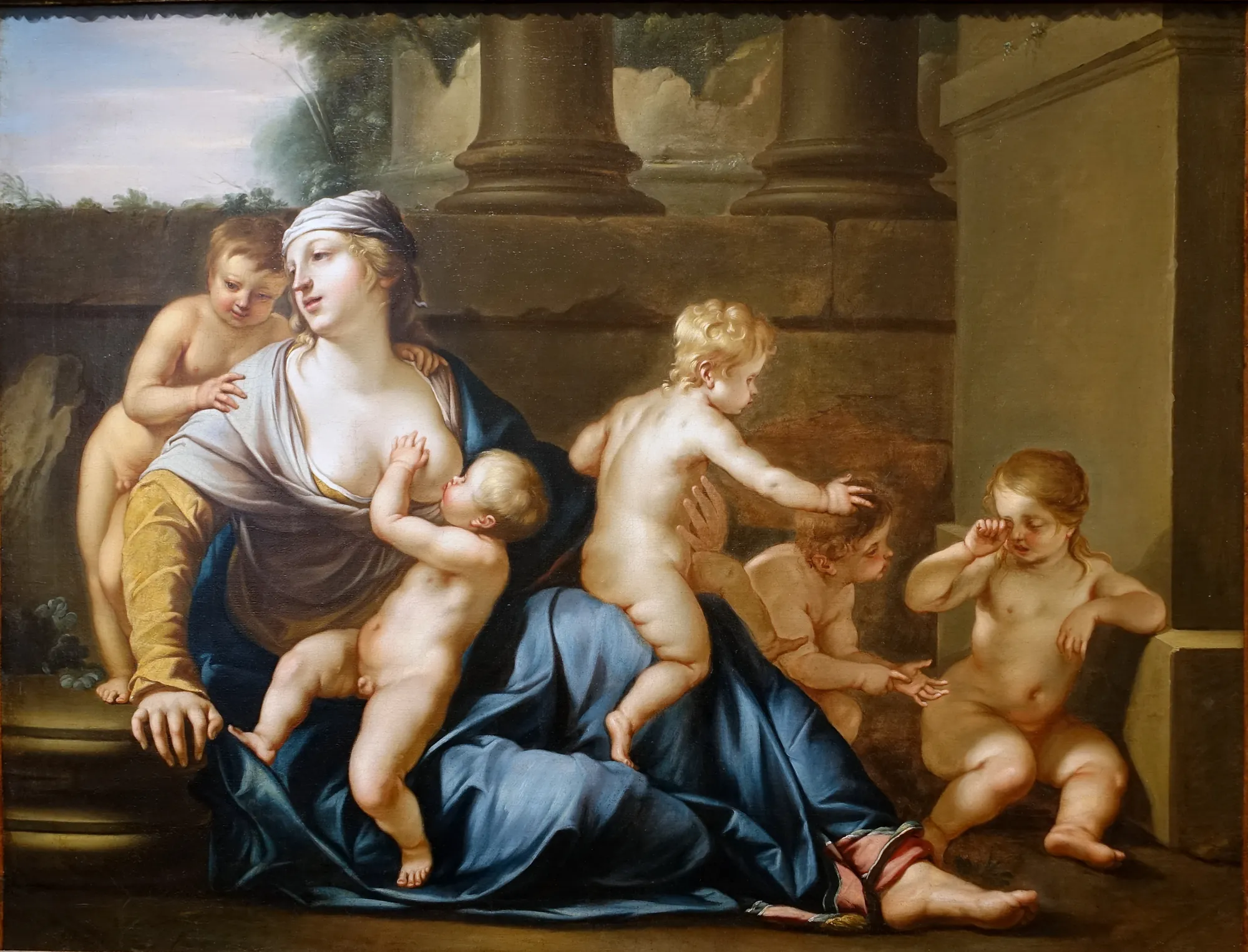 Charity Charity by Jacques Blanchard. An allegorical scene featuring a seated woman nursing an infant and surrounded by four other young children amidst classical stone ruins.