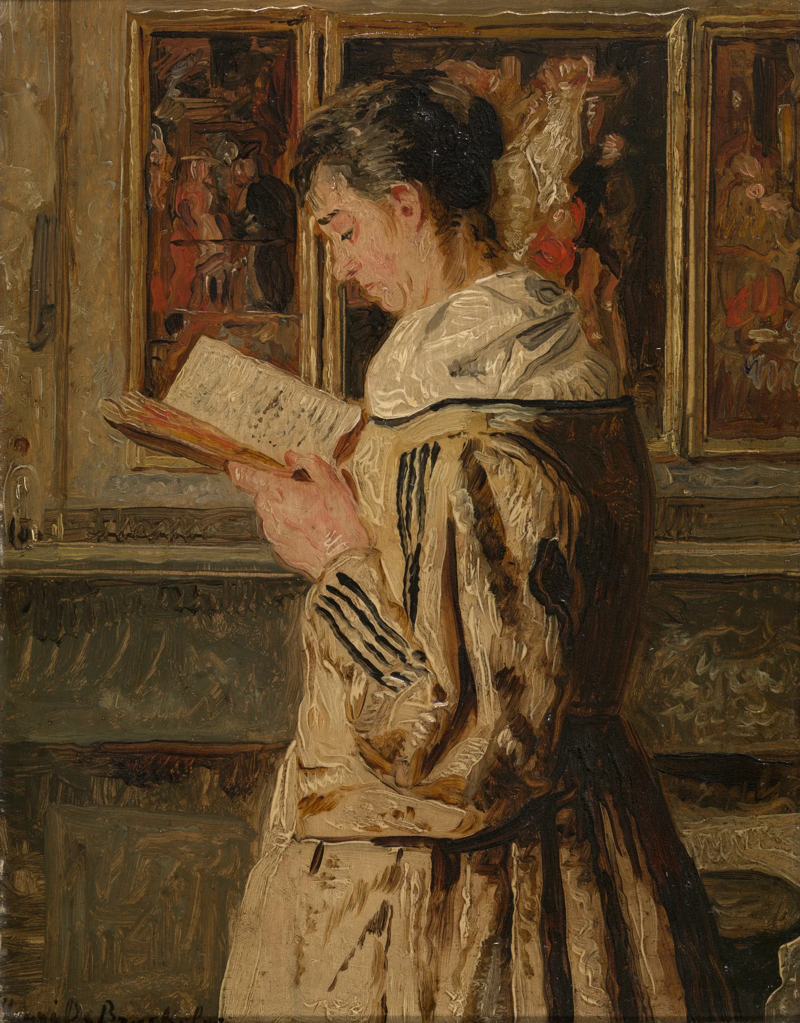 Woman Reading Woman Reading by Henri de Braekeleer. A woman in profile, wearing a high-collared tan dress, intently reads a book against a background of dark wood paneling.