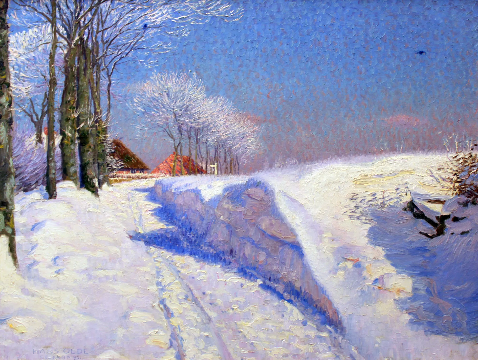 Winter in Seekamp Winter in Seekamp by Hans Olde. A sunlit winter landscape featuring a deep-cut snow path and frost-covered trees leading toward red-roofed cottages under a clear sky.