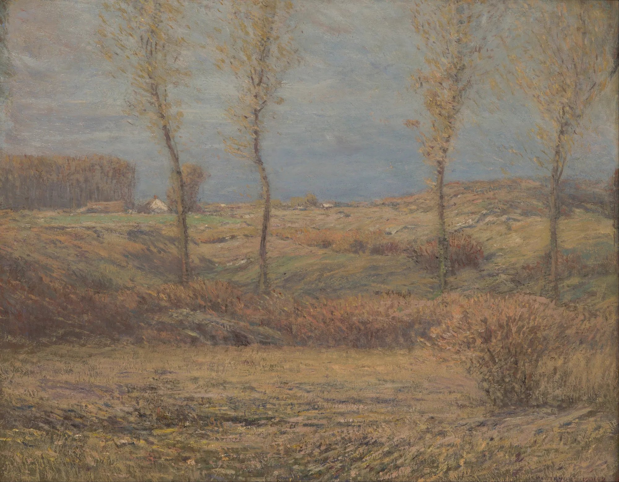 November Morning November Morning by Dwight William Tryon. A muted landscape of a rolling field under an overcast sky, punctuated by four slender, nearly leafless trees.