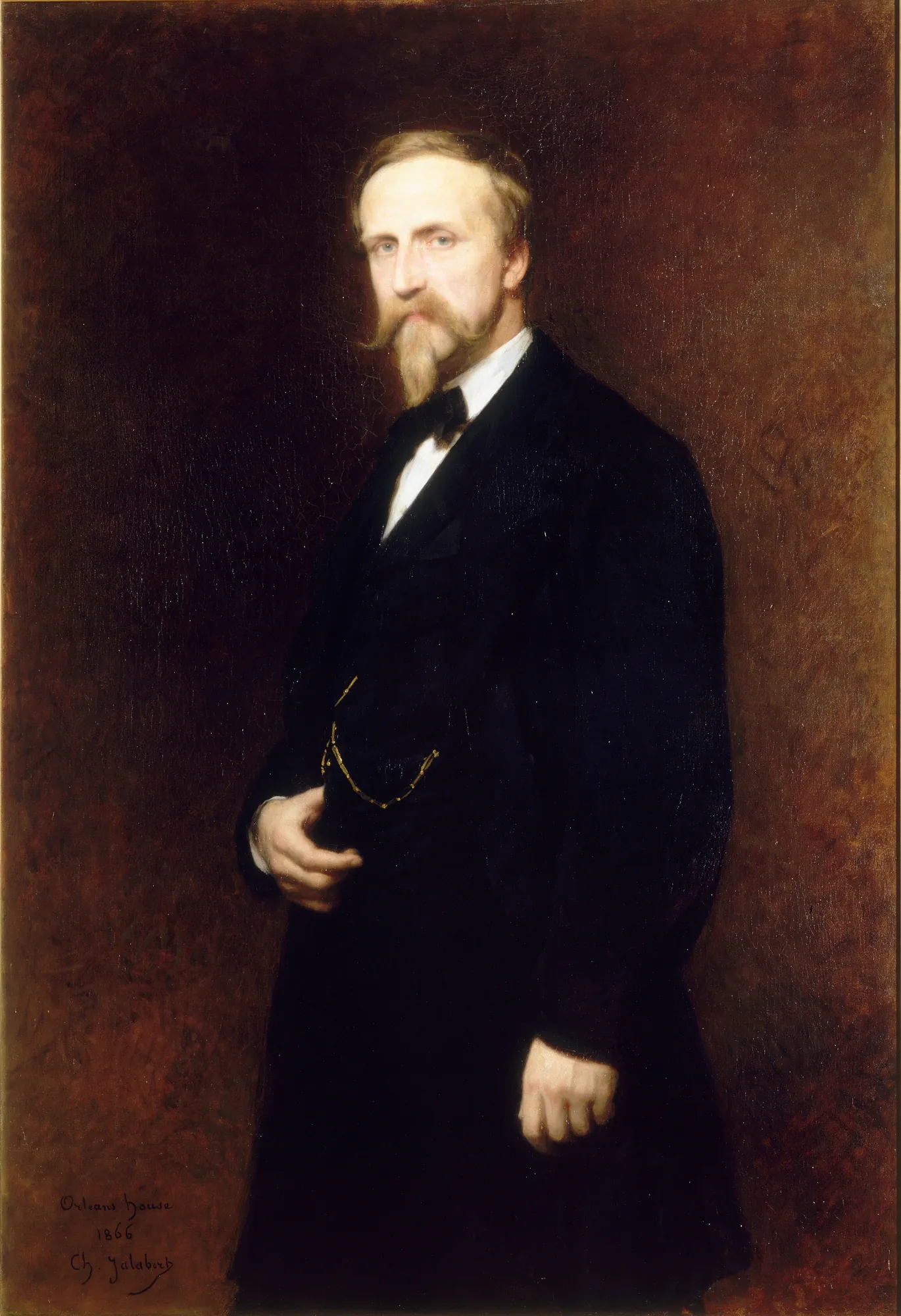Henri d’Orléans, Duc d’Aumale Henri d’Orléans, Duc d’Aumale by Charles Jalabert. A half-length portrait of a distinguished man with a light blonde goatee and mustache, dressed in a formal black suit and bow tie against a dark, textured reddish-brown background.