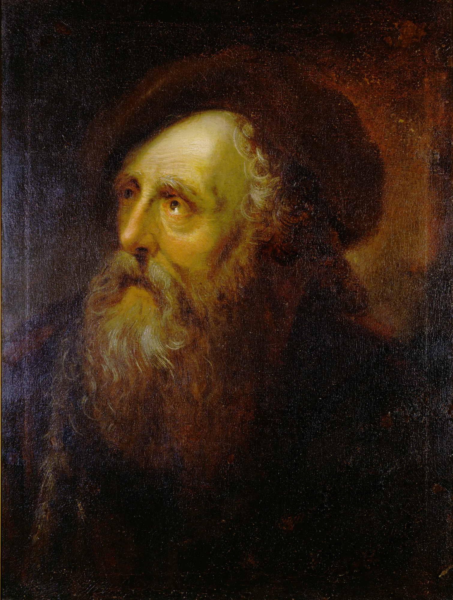 Portrait of an Old Jew Portrait of an Old Jew by Antoine Pesne. An oil portrait of an elderly man with a voluminous grey beard and a dark cap, gazing upward with an expressive, weathered face.