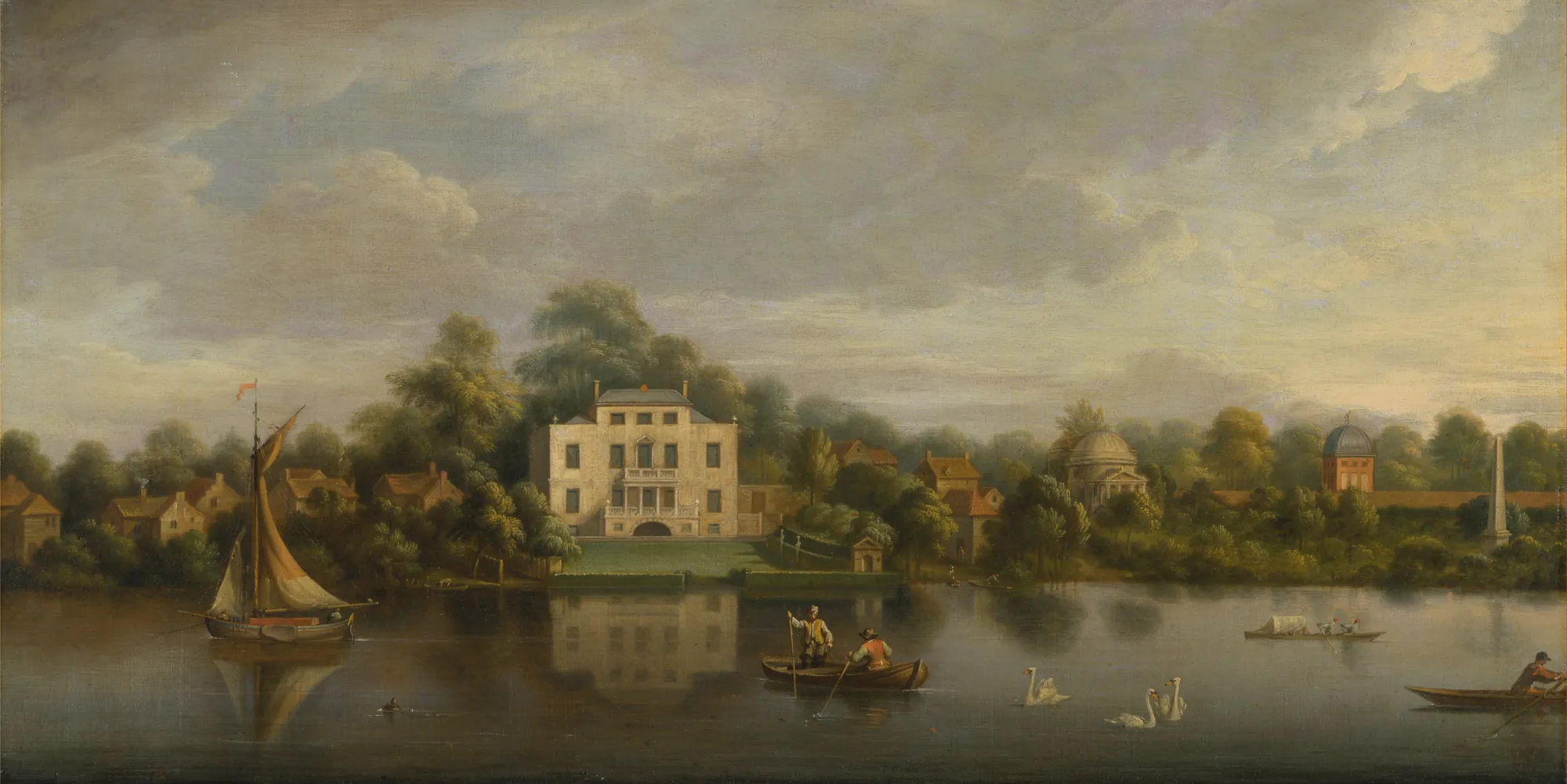 Pope's Villa, Twickenham Pope's Villa, Twickenham by Joseph Nickolls. An eighteenth-century landscape painting of a grand neoclassical villa on the banks of the River Thames, featuring several boats and swans in the foreground.