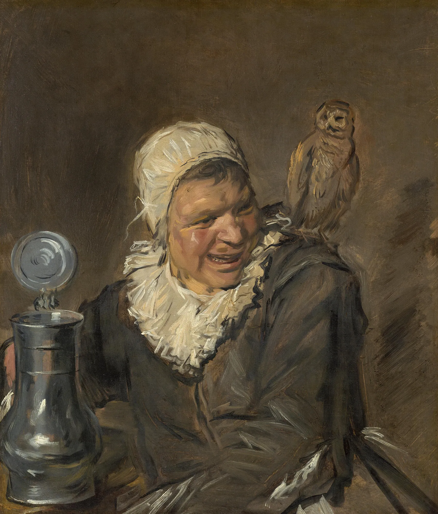 Malle Babbe Malle Babbe by Frans Hals. A laughing woman wearing a white cap and ruffled collar sits beside a large pewter tankard with an owl perched on her shoulder.