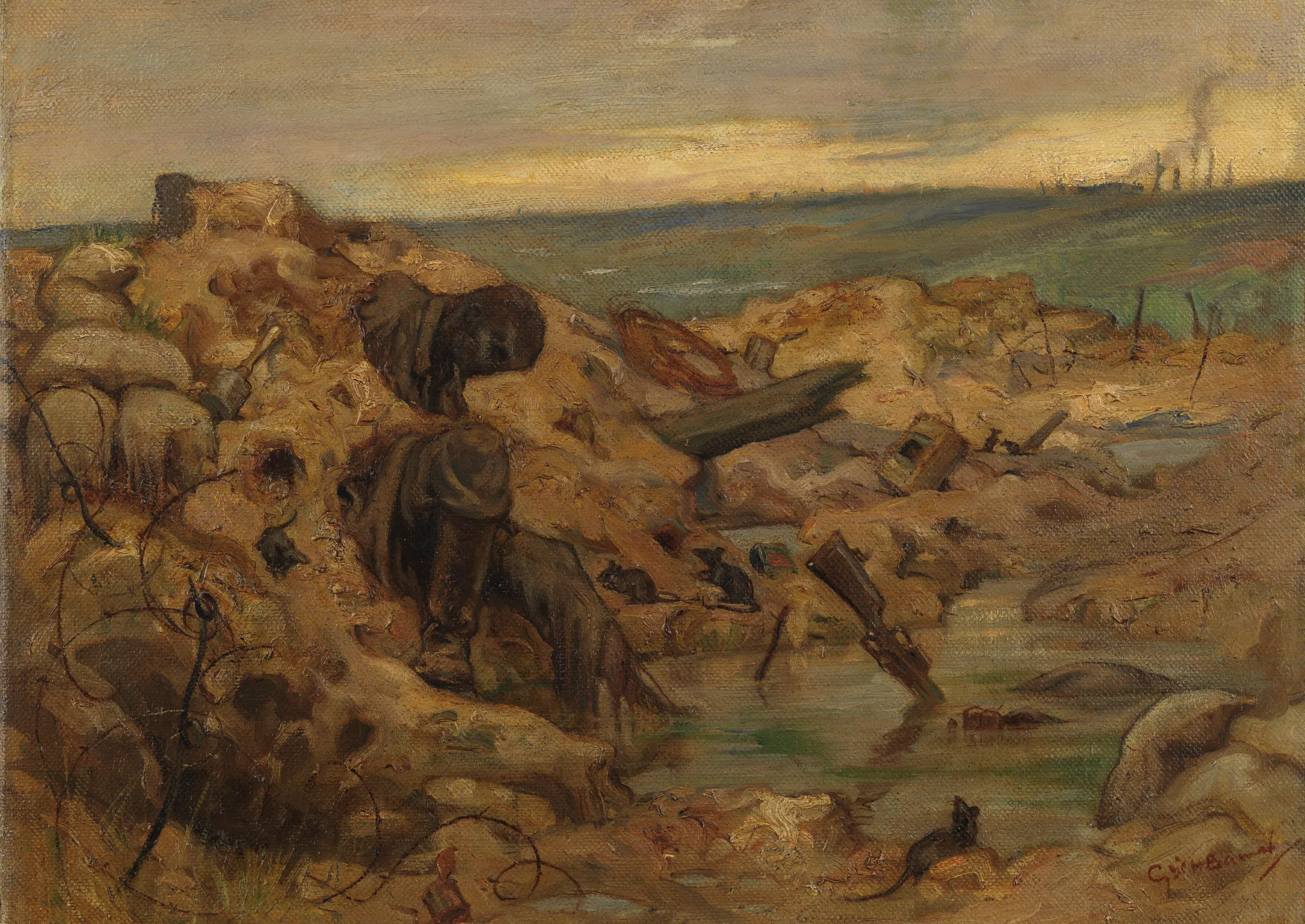 For the Glory of the Kaiser For the Glory of the Kaiser by Cyril Henry Barraud. An atmospheric oil painting of a desolate, muddy trench landscape featuring discarded military equipment and rats under an overcast sky.