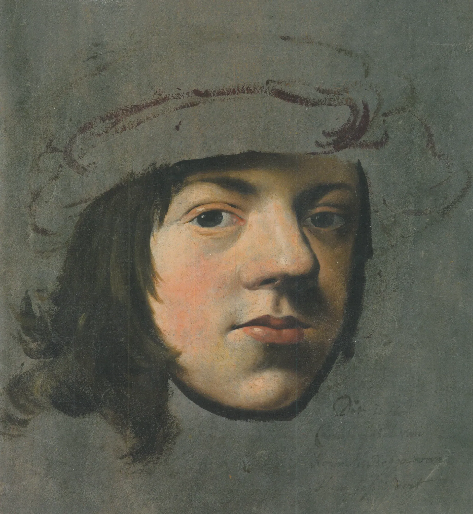 Self-Portrait Self-Portrait by Cornelis Pietersz Bega. An oil study of a young man's face with direct, dark eyes and a sketched-in outline of a large hat against a muted gray-green background.