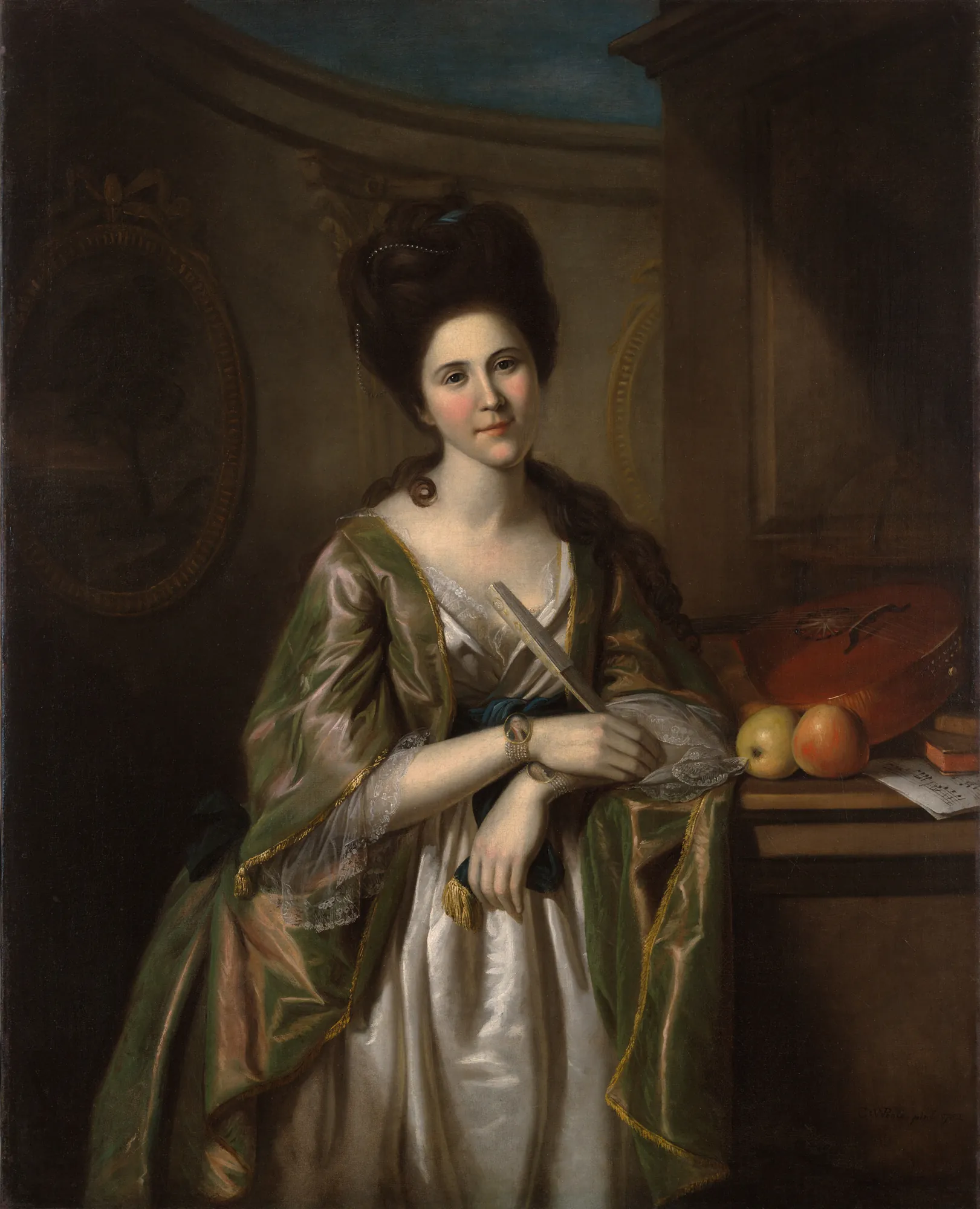 Mrs. Walter Stewart (Deborah McClenachan) Mrs. Walter Stewart (Deborah McClenachan) by Charles Willson Peale. A formal oil portrait of a woman in a shimmering green gown and white lace chemise, leaning against a wooden table with fruit and a musical instrument.