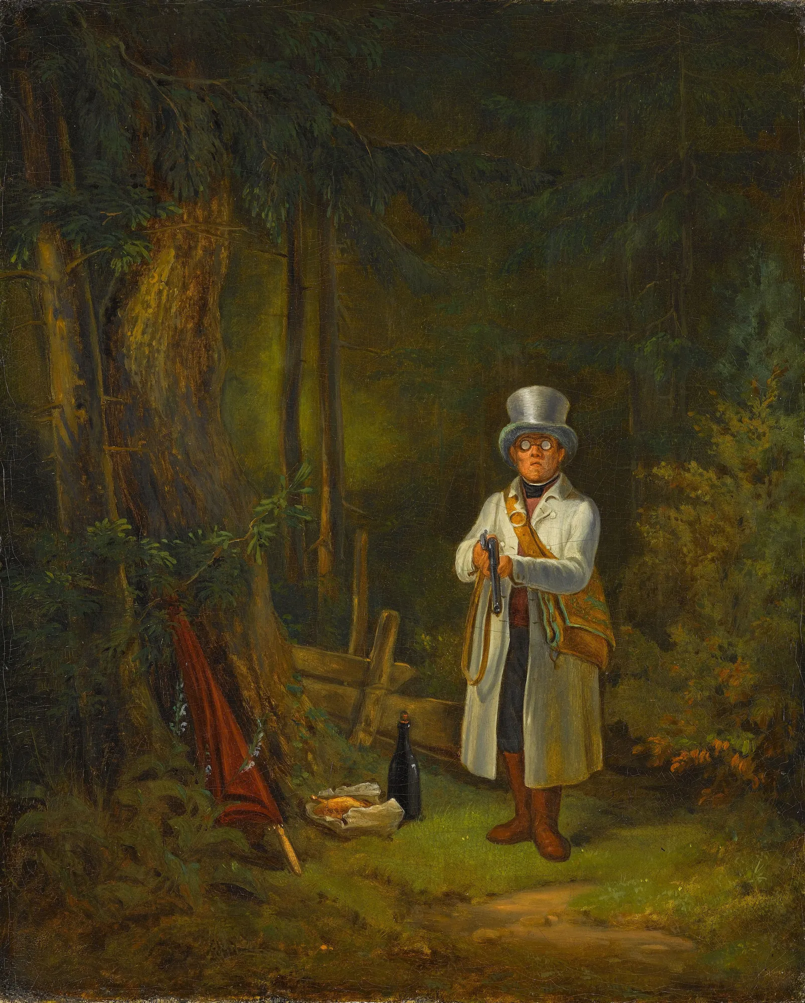 The Sunday Hunter The Sunday Hunter by Carl Spitzweg. A gentleman in a white coat and top hat stands in a dark, dense forest clearing holding a rifle, next to a picnic and a red umbrella.