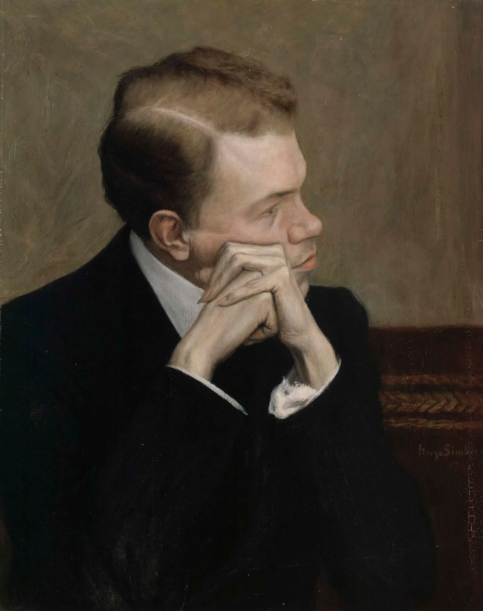The Artist Fahle Basilier The Artist Fahle Basilier by Hugo Simberg. A profile portrait of a man with light brown hair resting his chin on his clasped hands, wearing a dark suit against a muted background.