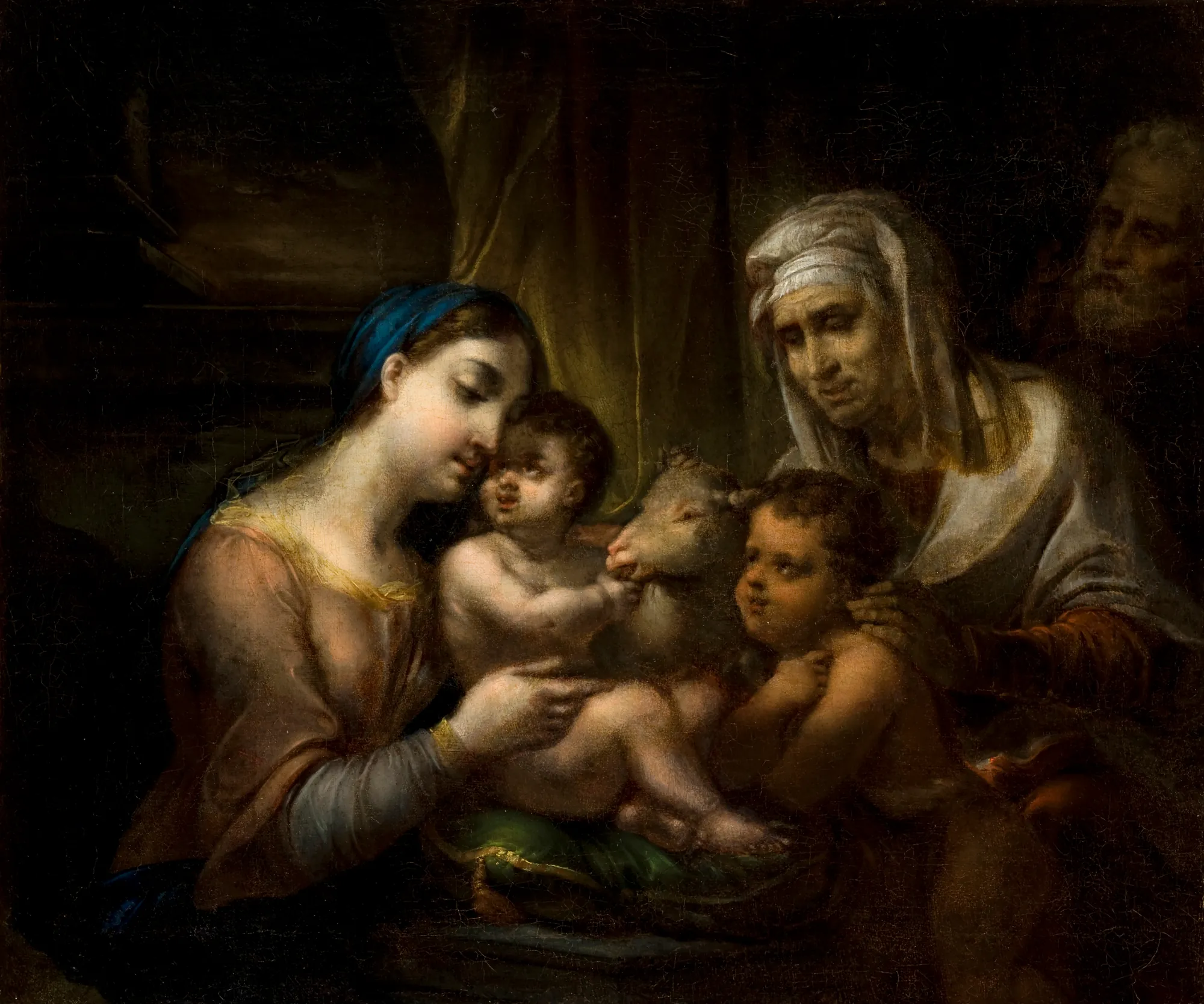 The Holy Family The Holy Family by Rafał Hadziewicz. A classical oil painting depicting the Virgin Mary holding the Christ Child, joined by infant Saint John the Baptist with a lamb, and Saint Elizabeth in the shadows.