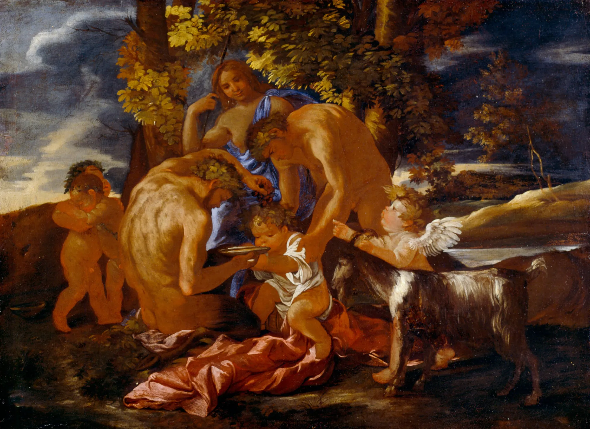The Nurture of Bacchus The Nurture of Bacchus by Unknown Artist. A group of mythological figures, including a satyr and a nymph, attend to an infant child in a dark, wooded landscape.