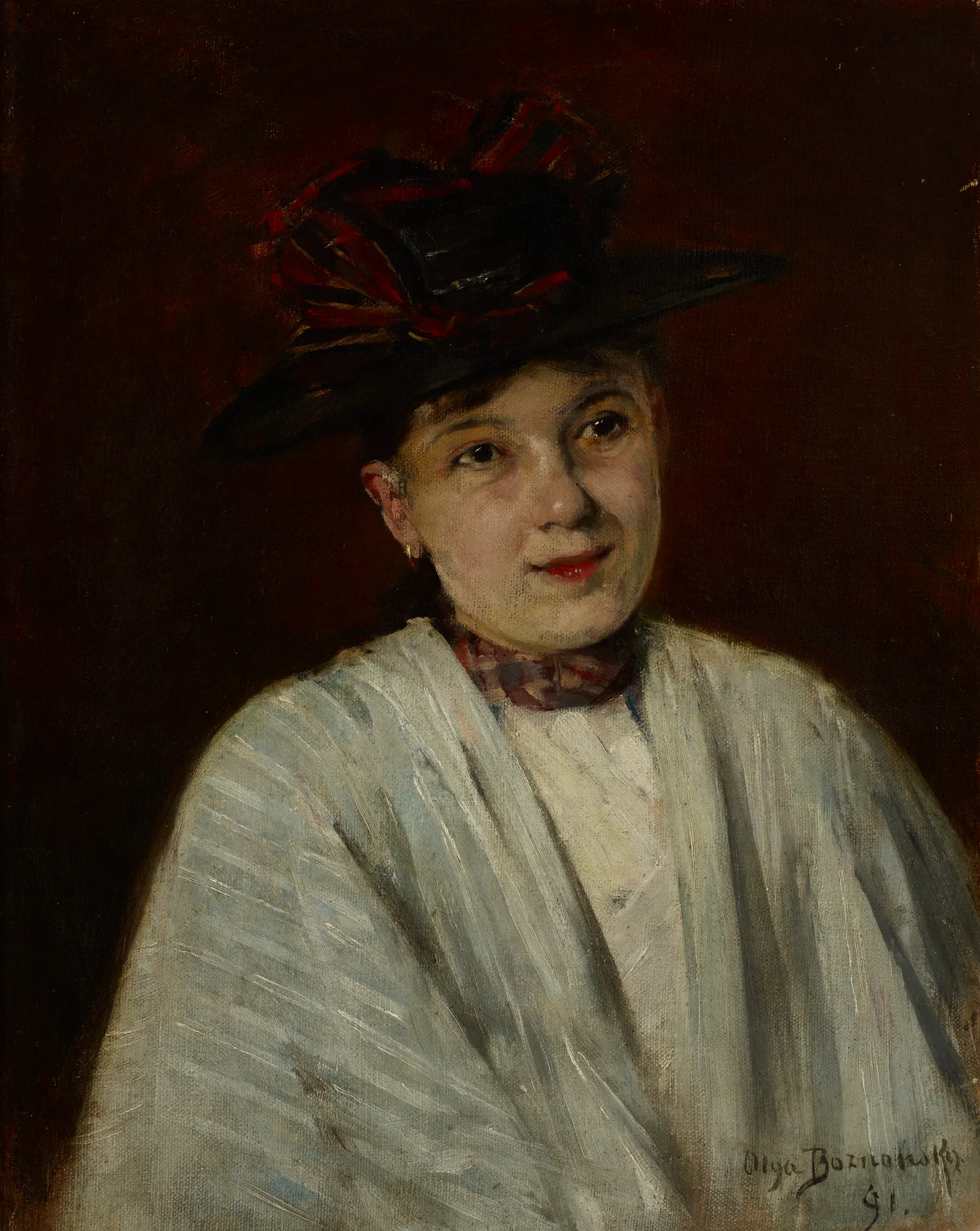 Joyful Baśka Joyful Baśka by Olga Boznańska. An oil portrait of a smiling young woman wearing a dark hat with red accents and a light, striped wrap against a dark background.