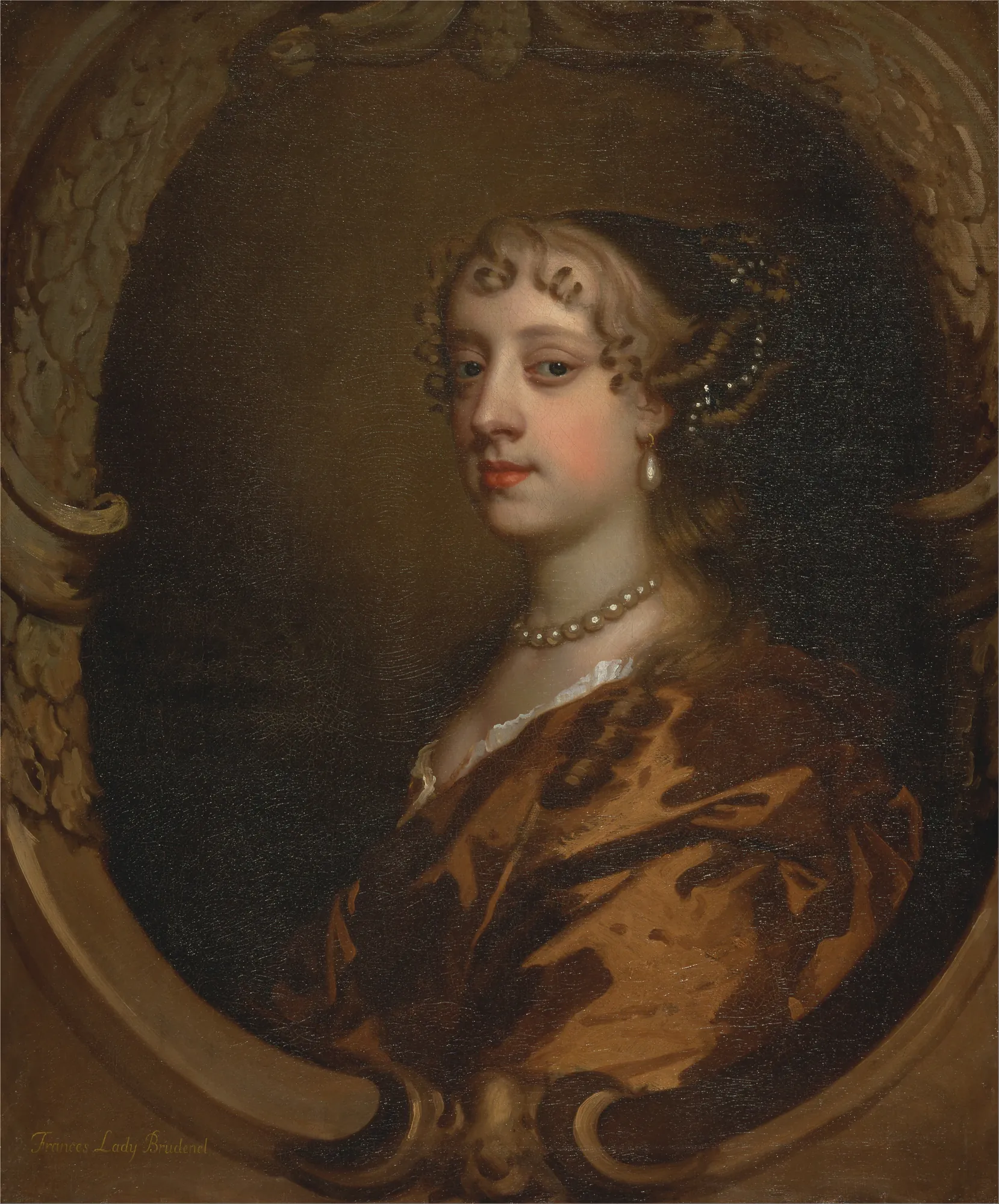 Lady Frances Savile, Later Lady Brudenell Lady Frances Savile, Later Lady Brudenell by Peter Lely. A 17th-century oil portrait of a woman in a golden-brown dress, set within a painted stone-like oval frame.