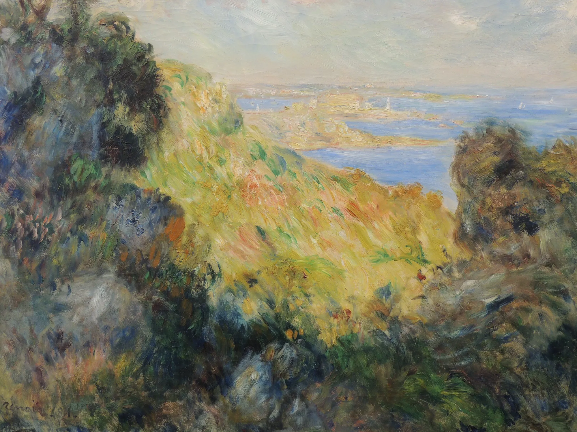 Baie de Salerne Baie de Salerne by Pierre-Auguste Renoir. An Impressionist oil painting of a sunlit Mediterranean bay viewed through lush hillside vegetation.