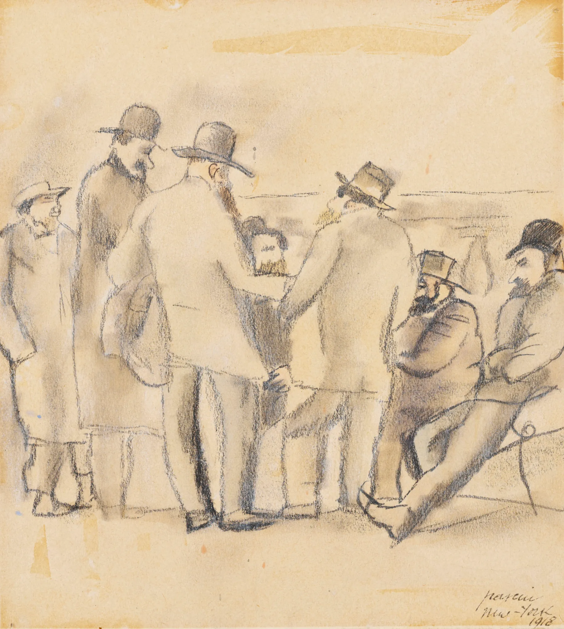 Group of Men, New York Group of Men, New York by Jules Pascin. A loose charcoal and wash sketch of several men wearing hats, some standing and some sitting in a group.