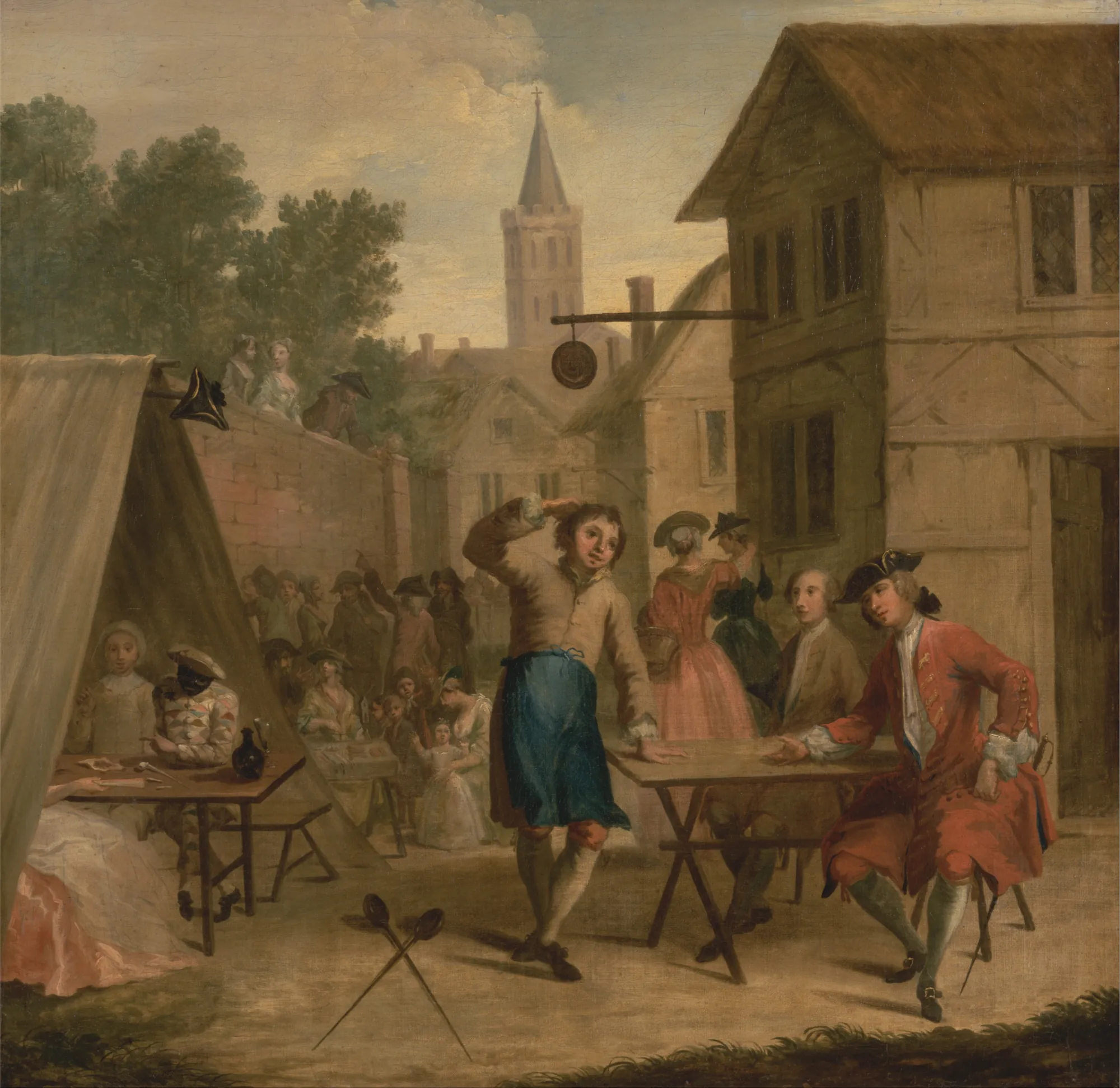 Hob Selling Beer at the Wake Hob Selling Beer at the Wake by John Laguerre. A man in a blue apron serves a beverage to a gentleman seated at a table outside a tavern in a crowded 18th-century village scene.