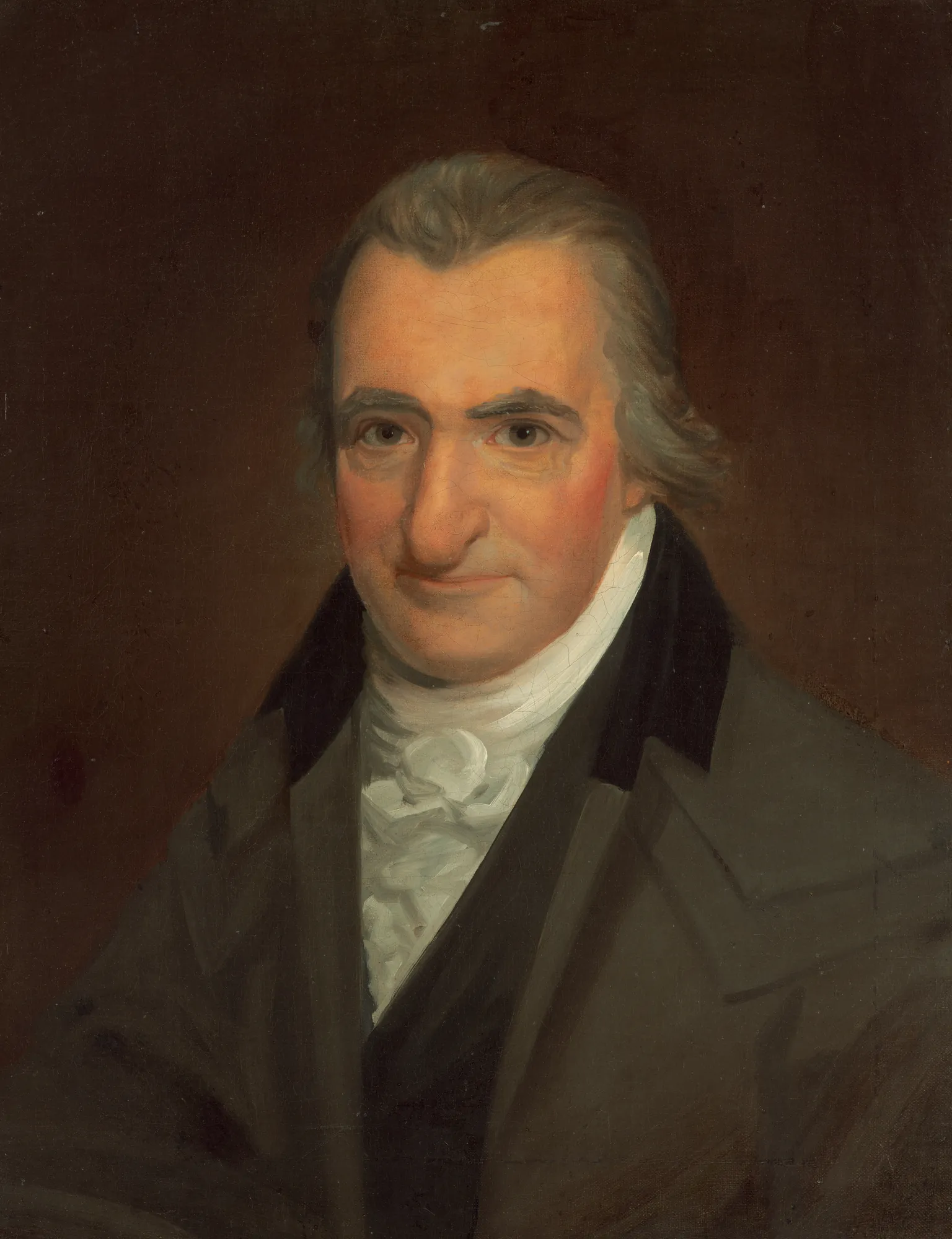 Thomas Paine Thomas Paine by John Wesley Jarvis. A waist-up oil portrait of an older man with graying hair, wearing a dark coat and white cravat against a dark, warm background.