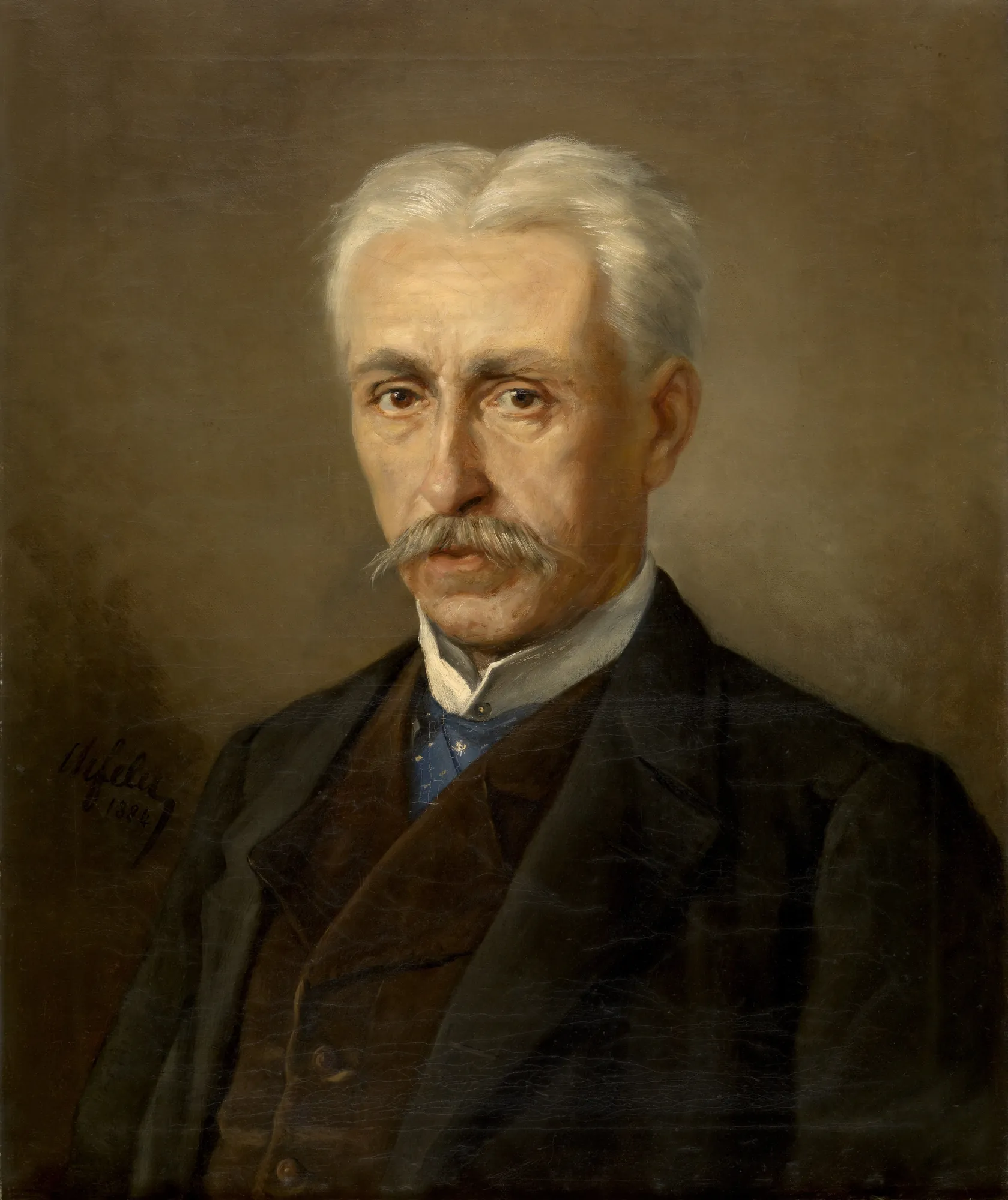 Portrait of Mr. Meyer Portrait of Mr. Meyer by Charles Felu. A bust-length portrait of an elderly man with silver hair and a gray mustache, dressed in a dark waistcoat and jacket over a high-collared shirt and blue patterned tie.
