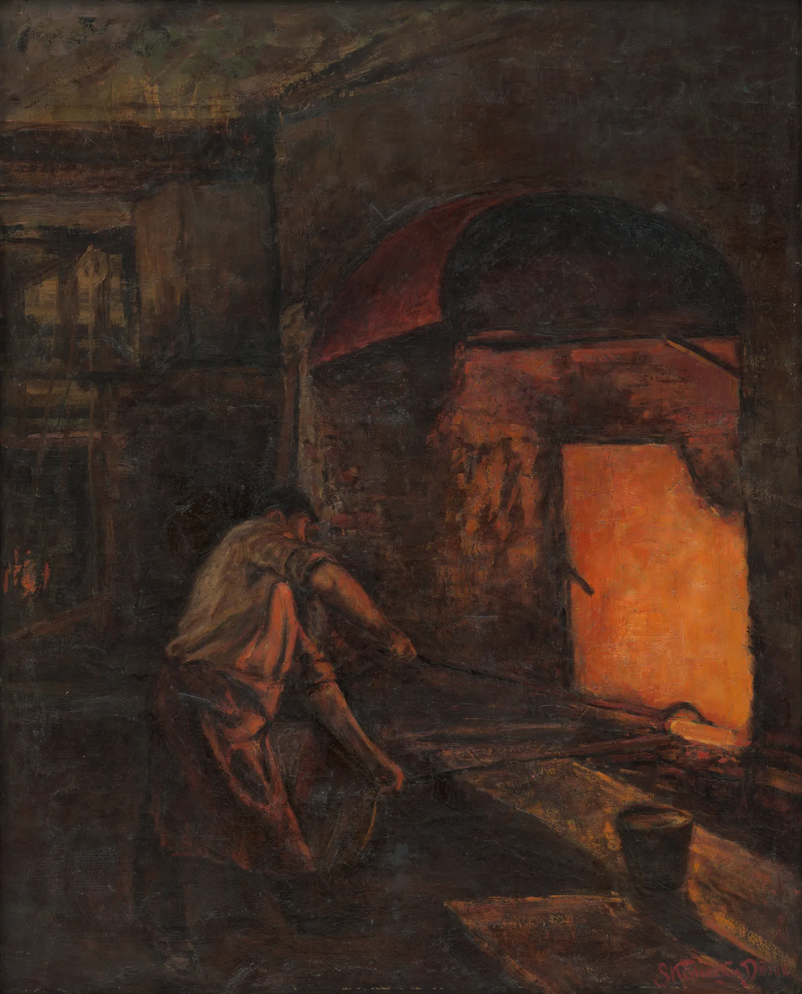 Obracanie kotla (Turning the Cauldron) Obracanie kotla (Turning the Cauldron) by Döme Skuteczky. A copper smith works at a glowing, fiery furnace in a dark, atmospheric workshop.