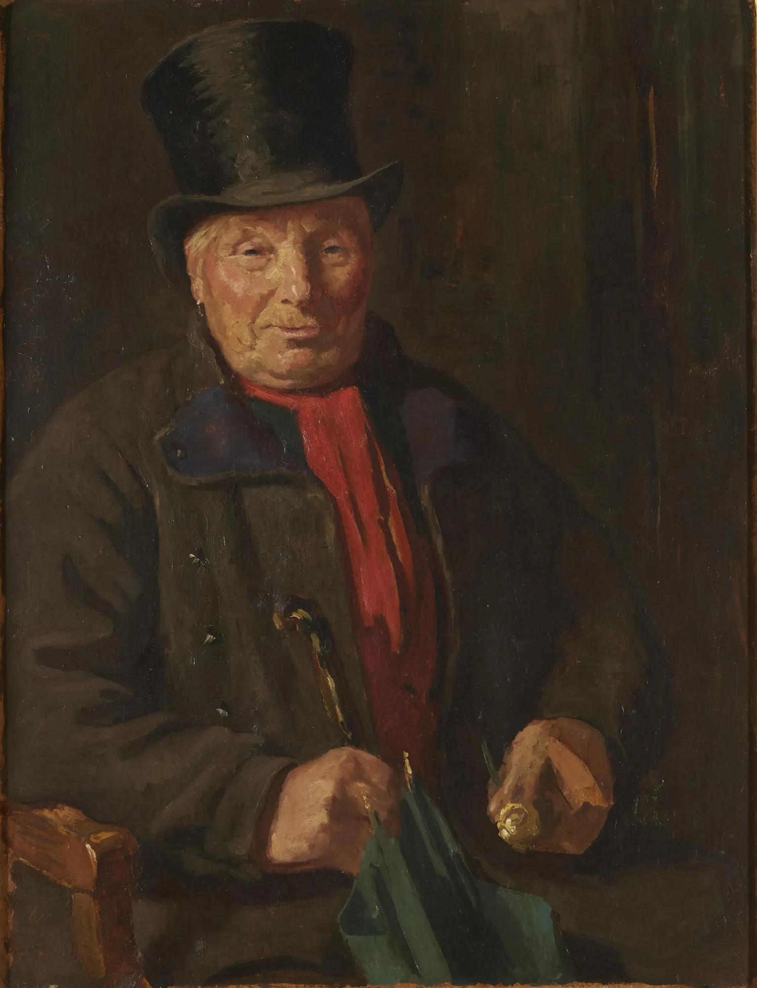 Portret van een man Portret van een man by Martinus van Regteren Altena. An elderly man depicted in a half-length portrait, wearing a black top hat, a dark coat, and a bright red neckerchief, holding a green umbrella.