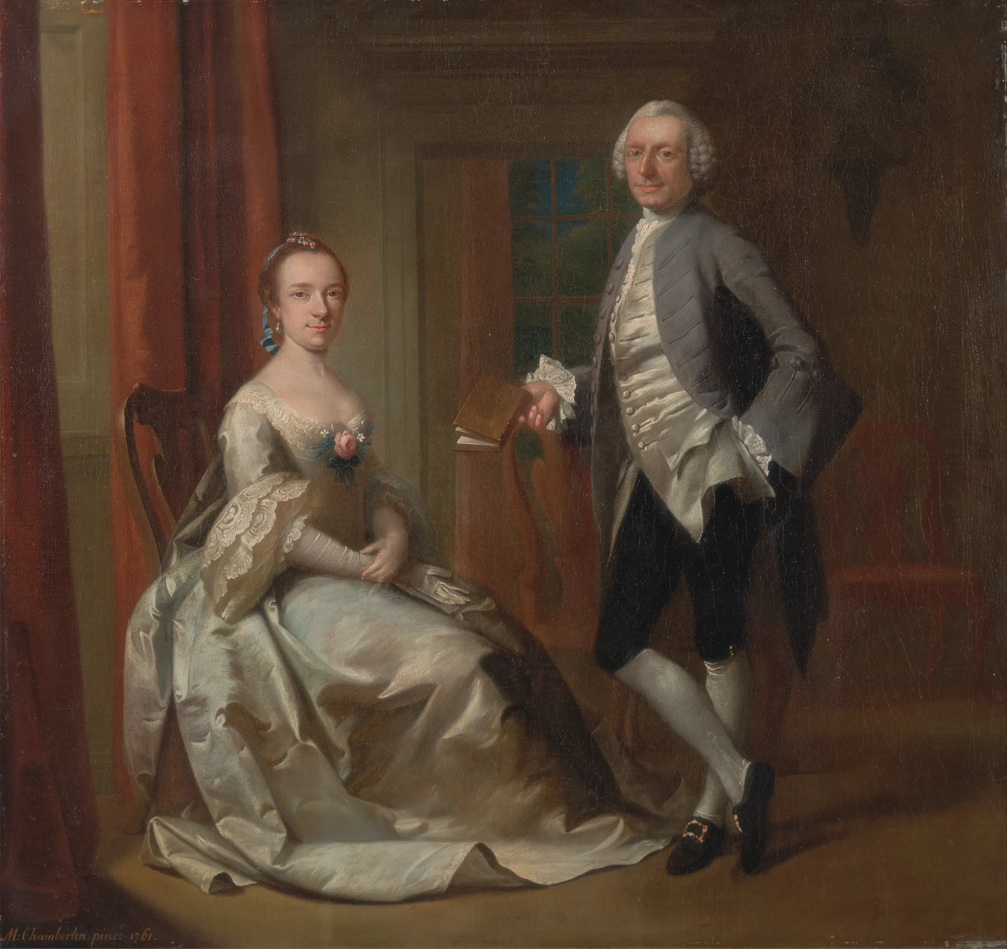 Conversation Piece Conversation Piece by Mason Chamberlin. A full-length double portrait of a man and woman in 18th-century attire within a stately interior.