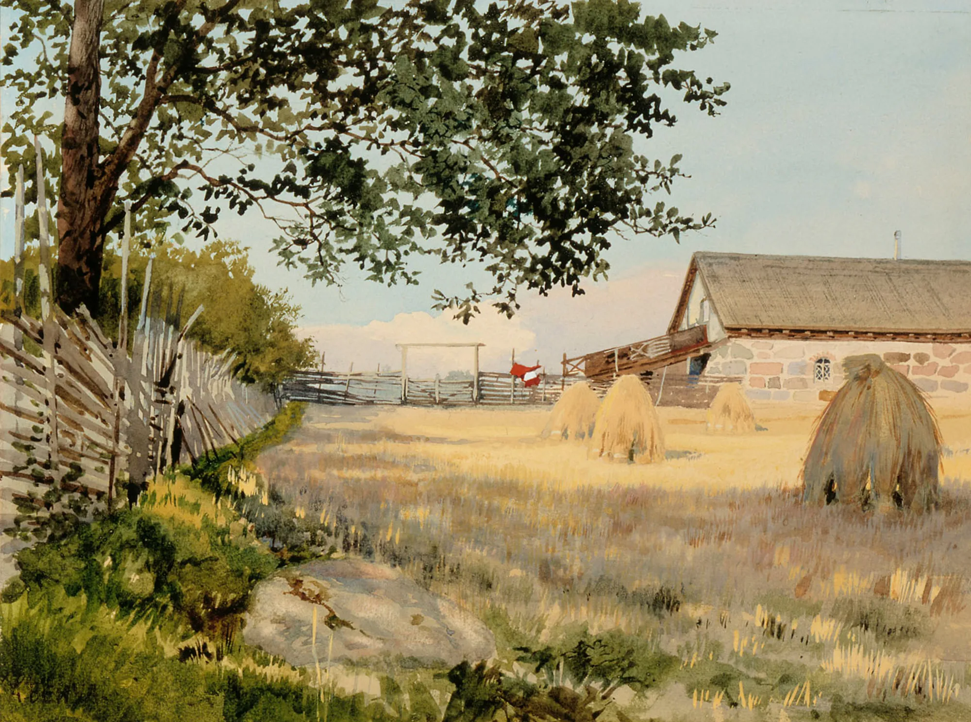 The Finnish Landscape The Finnish Landscape by Albert Nikolayevitch Benois. A sunny rural landscape featuring a stone barn, haystacks, and a weathered wooden fence under a large leafy tree.