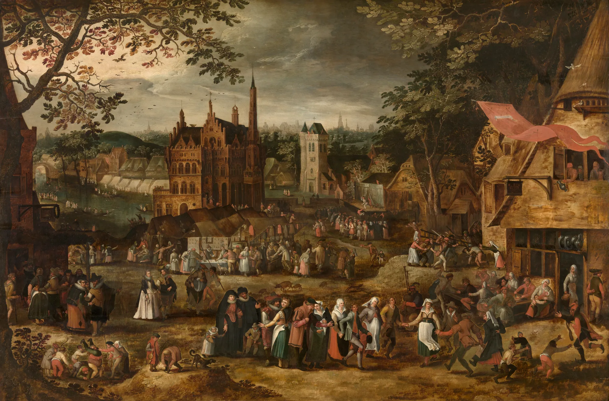 Village Fair Village Fair by David Vinckboons. A crowded Flemish village square filled with people dancing, feasting, and socializing outside a tavern and near a Gothic castle.