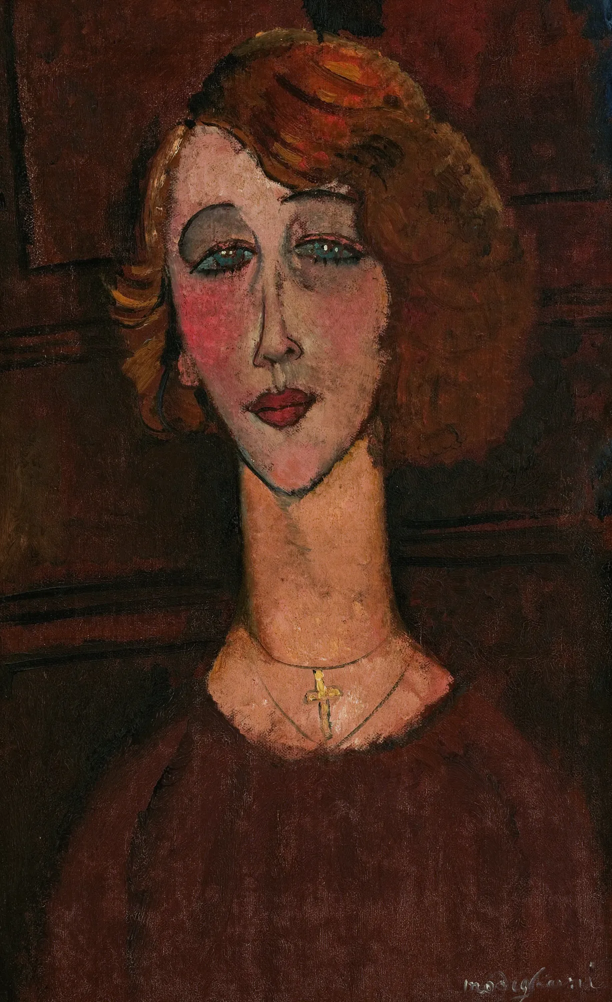 Renée Renée by Amedeo Modigliani. A stylized portrait of a woman with red hair and an elongated neck, rendered in warm ochre and deep crimson tones.