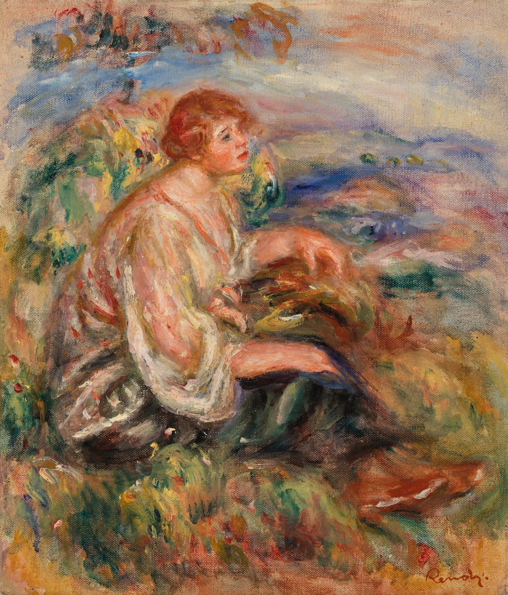 Woman in Tulle Blouse and Black Skirt (Femme en blouse de tulle et en jupe noire dans un paysage)