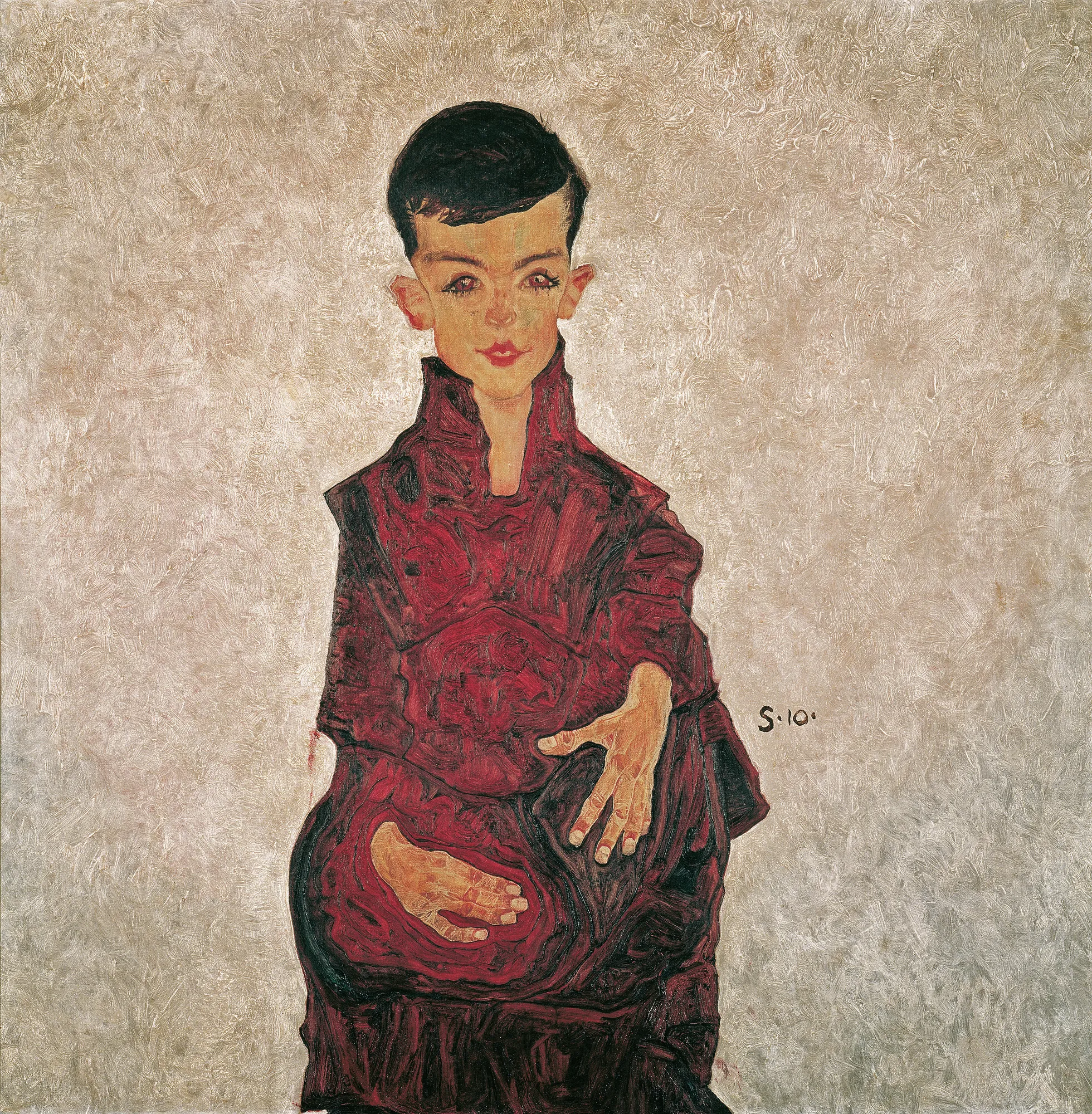 Portrait of Herbert Reiner Portrait of Herbert Reiner by Egon Schiele. A stylized expressionist portrait of a young boy wearing a deep red garment against a highly textured, neutral background.