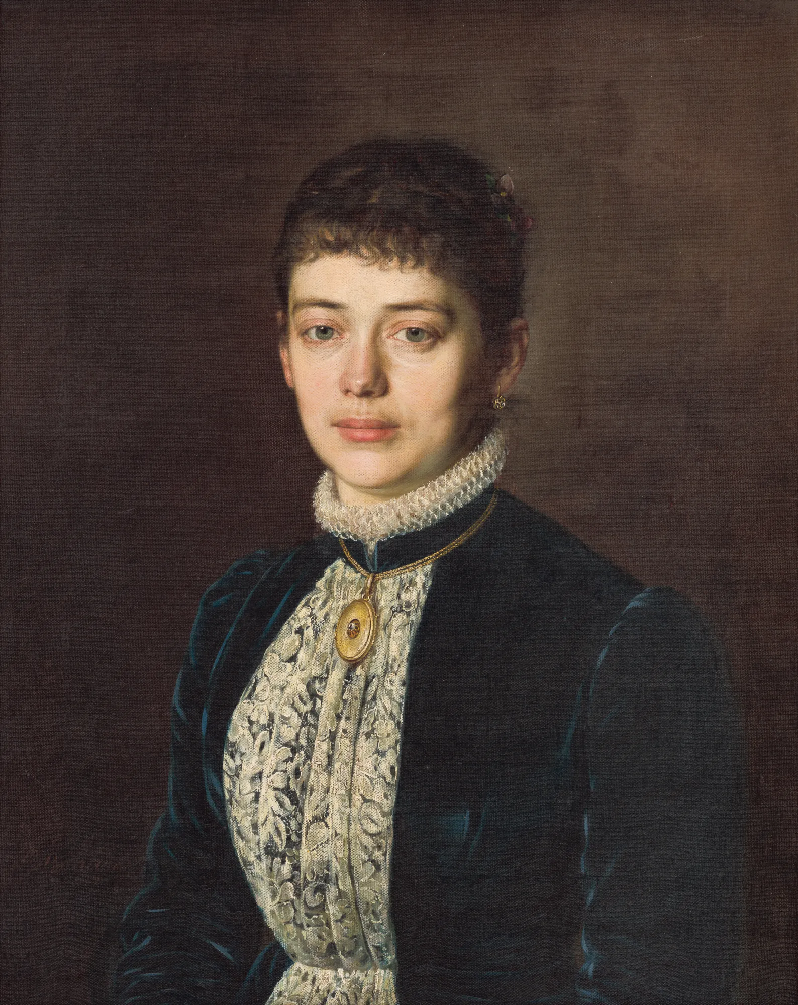 Portrait of Mrs. M. Mandelíková Portrait of Mrs. M. Mandelíková by Kornel Bohúň. A half-length portrait of a woman with dark hair wearing a dark blue velvet dress with a white lace insert and collar.