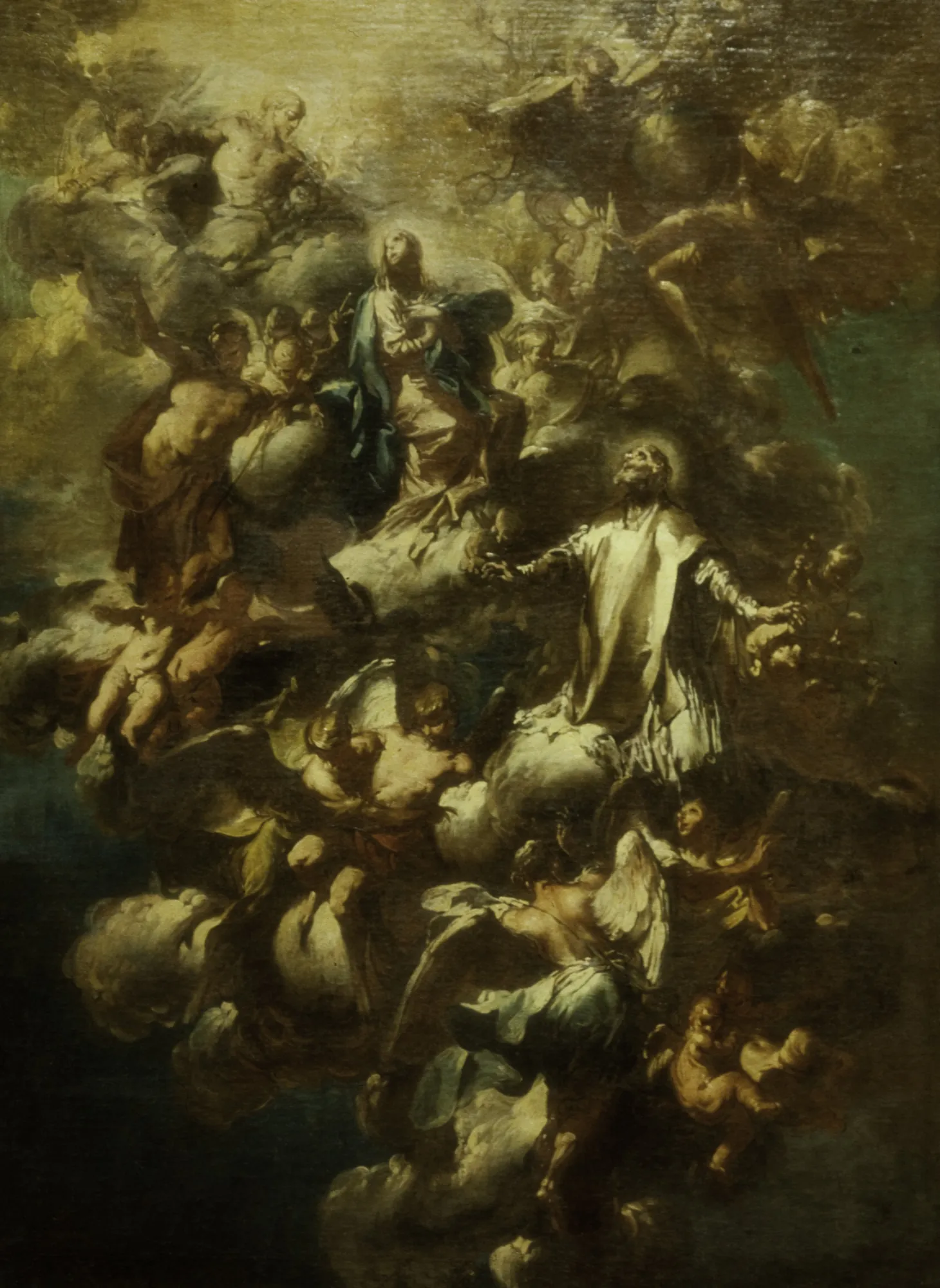 Saint Philip Neri in Glory Saint Philip Neri in Glory by Giovanni Domenico Ferretti. A dynamic Baroque scene showing a central figure ascending through swirling clouds, accompanied by a host of angels and divine figures.
