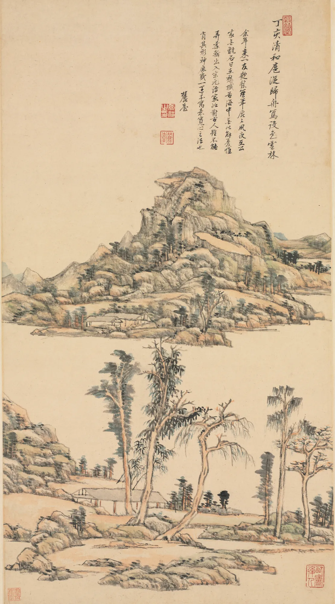 Landscape after Ni Zan Landscape after Ni Zan by Wang Yuanqi. A traditional Chinese landscape painting on paper featuring a prominent central mountain, sparse trees in the foreground, and a secluded villa by a river, accompanied by poetic calligraphy and red artist seals.