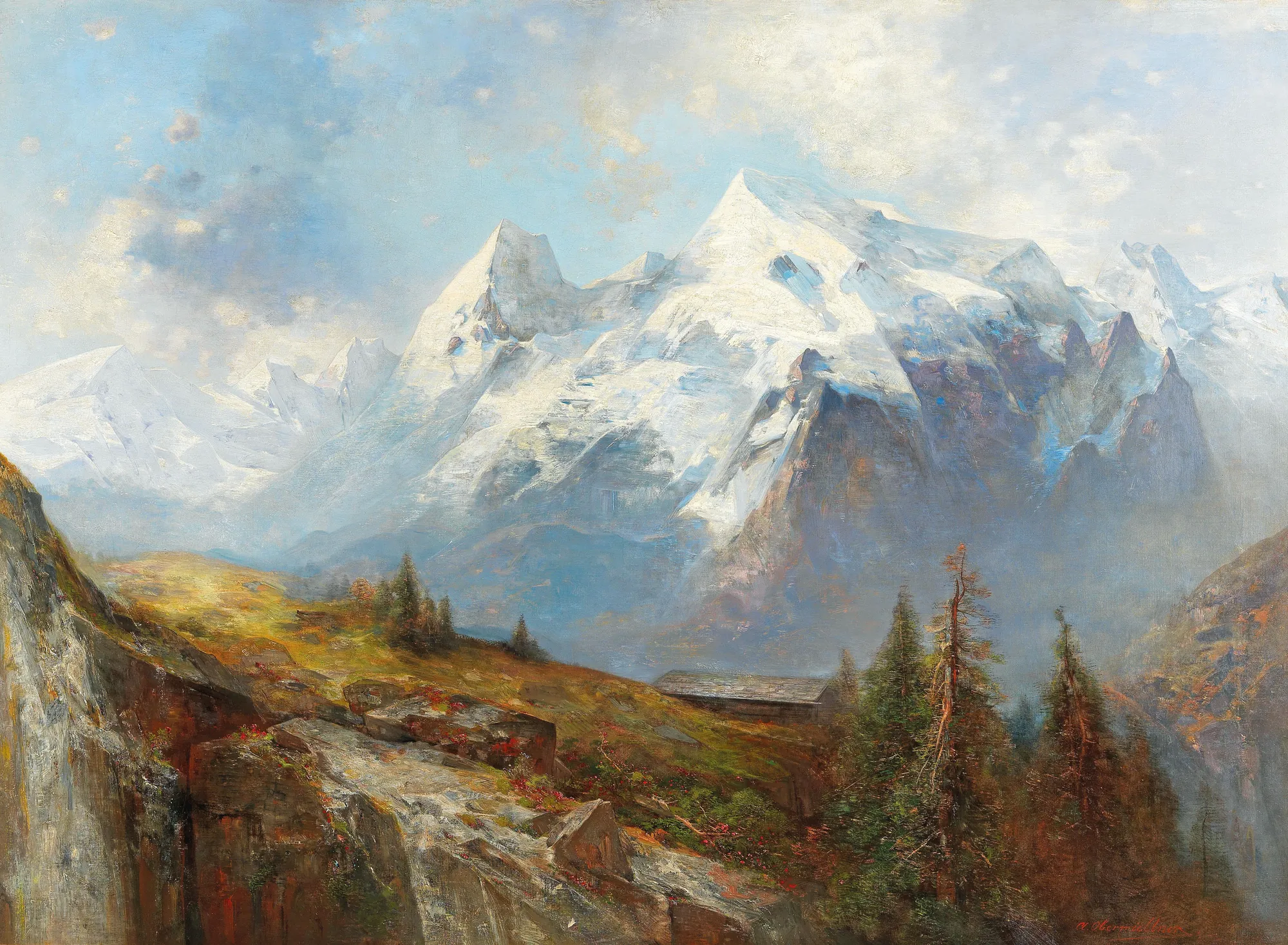 Mount Ortler and the Königsspitze Mount Ortler and the Königsspitze by Adolf Obermüllner. A luminous 19th-century landscape painting depicting the snow-capped peaks of the Ortler and Königsspitze mountains above a verdant alpine slope.