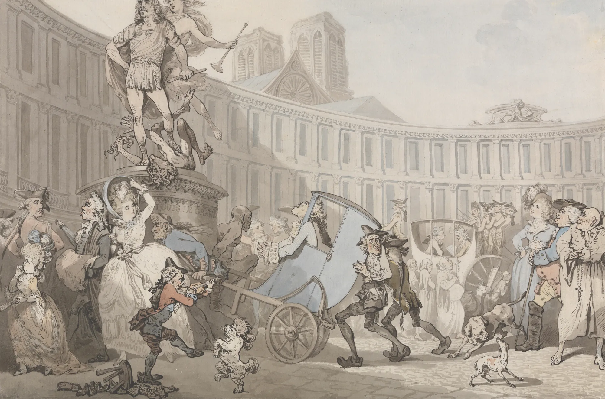 Place des Victoires, Paris Place des Victoires, Paris by Thomas Rowlandson. A bustling 18th-century Parisian square featuring a grand statue of Louis XIV surrounded by diverse figures, carriages, and dogs.