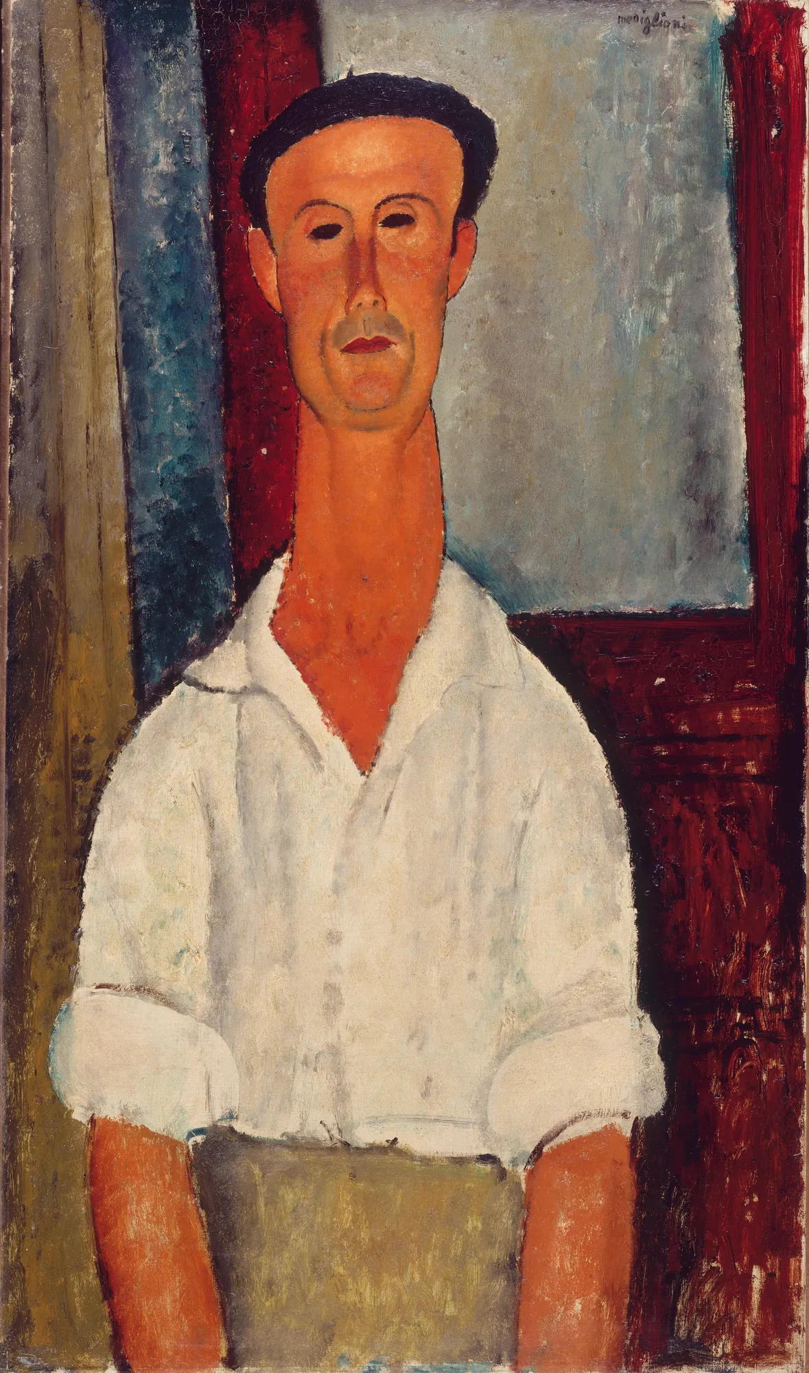 Gaston Modot Gaston Modot by Amedeo Modigliani. A stylized portrait of a man with an elongated neck and mask-like eyes wearing a white shirt against a dark background.