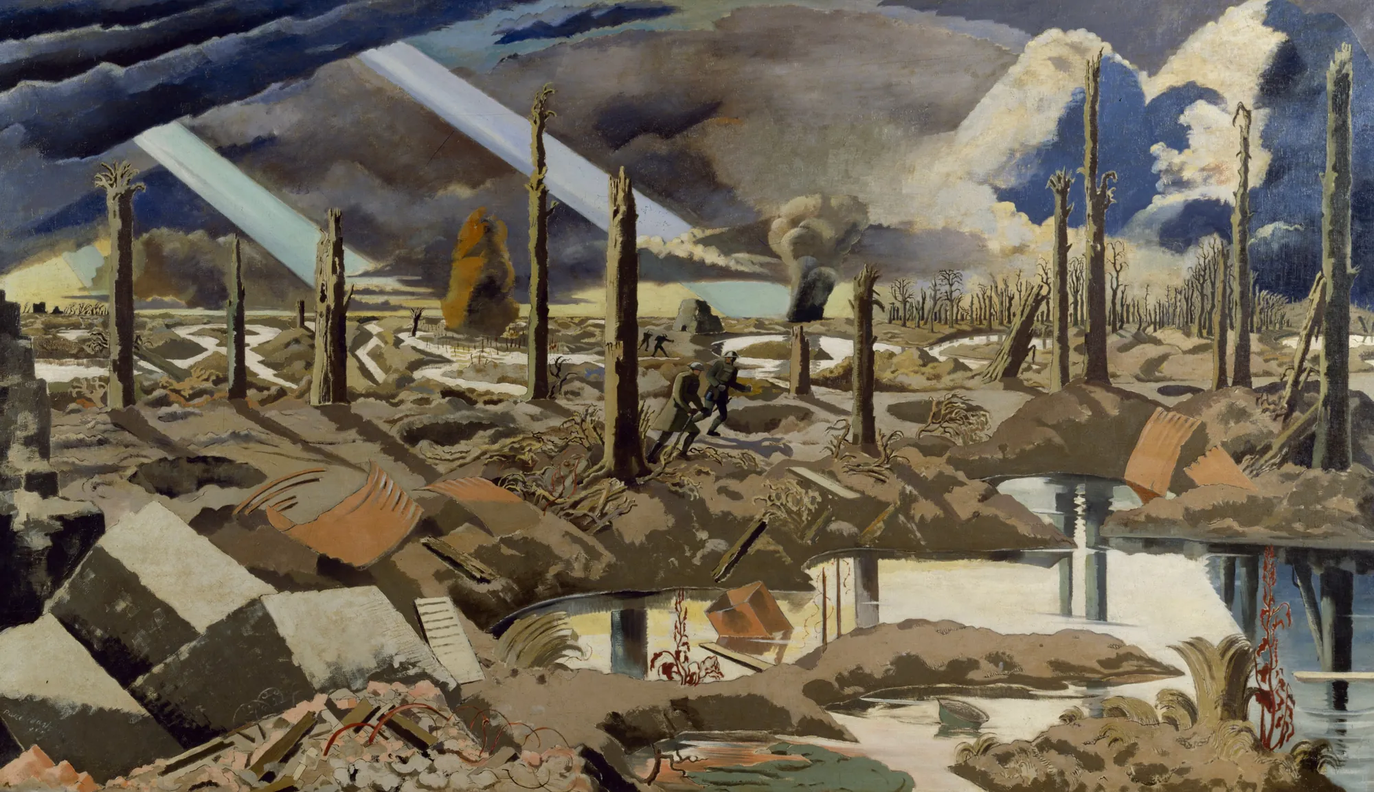 The Menin Road The Menin Road by Paul Nash. A surreal, devastated World War I landscape featuring shell holes filled with water, shattered tree stumps, and shafts of light breaking through a dark sky.