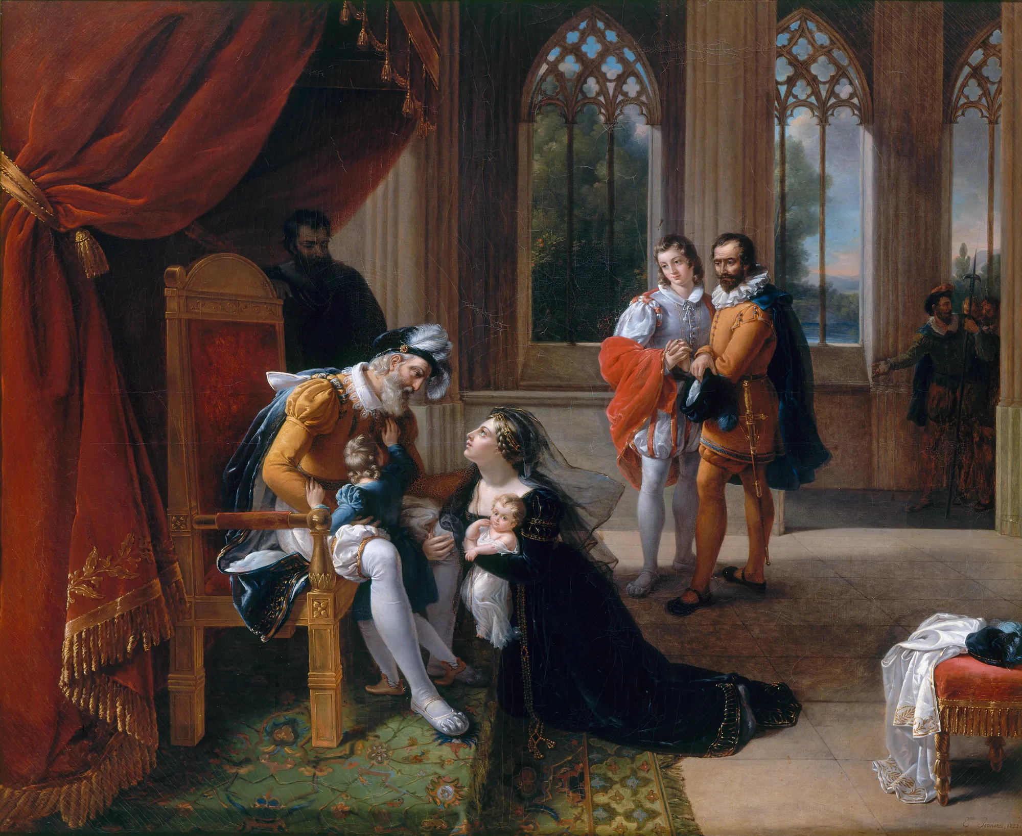 Inès de Castro and Her Children before King Alphonso IV Inès de Castro and Her Children before King Alphonso IV by Eugénie Servières. A woman kneels in supplication with her children before an enthroned king in a grand, Gothic-style interior with tall windows.