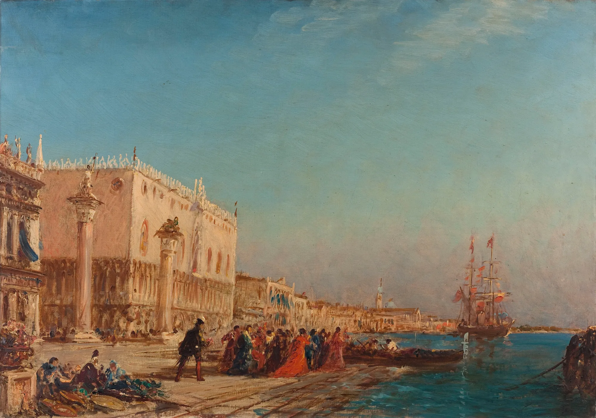 Venice, the Doge's Palace Venice, the Doge's Palace by Félix Ziem. An atmospheric oil painting of the Venetian waterfront featuring the Doge's Palace, granite columns, and a crowd of figures beside the lagoon with sailing vessels.