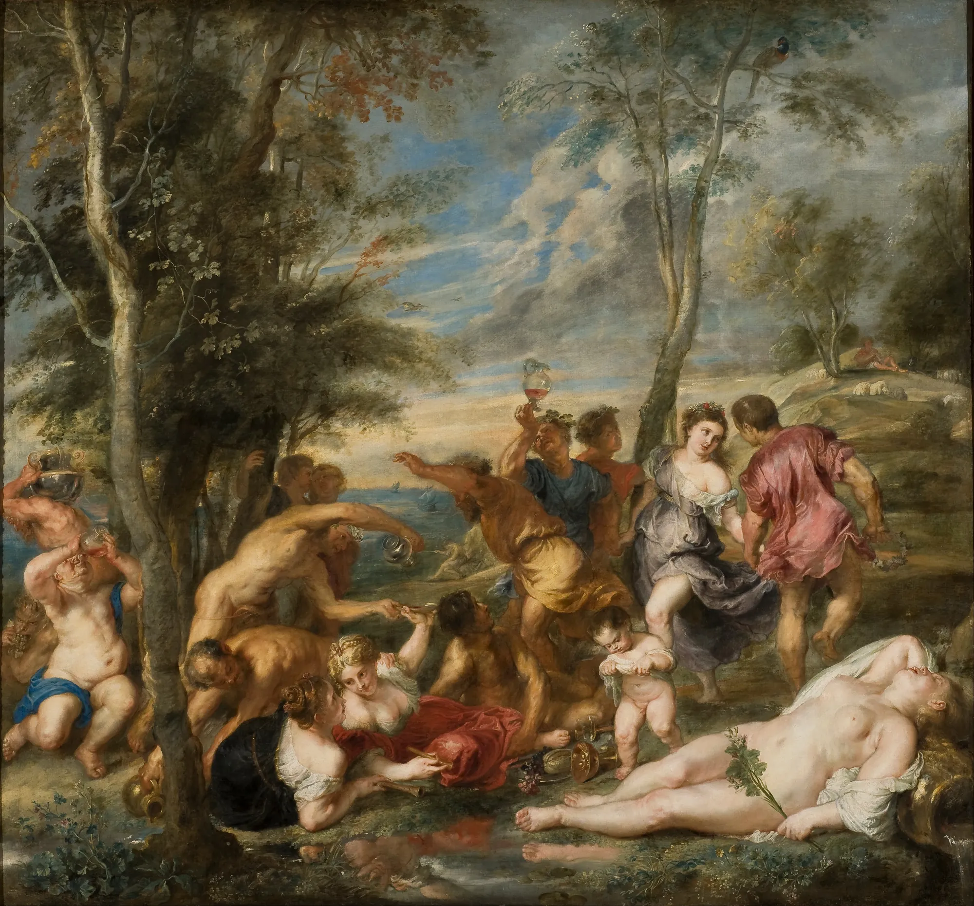 The Andrians The Andrians by Peter Paul Rubens. A dynamic mythological scene of people feasting and dancing in a lush landscape, featuring a prominent reclining nude figure in the foreground.
