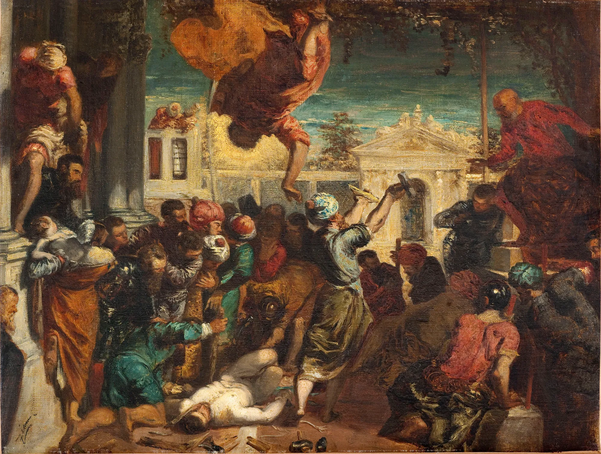 The Miracle of the Slave The Miracle of the Slave by Félix Ziem. A highly dynamic scene of a crowd gathered around a fallen figure as a divine figure descends dramatically from a cloudy sky.