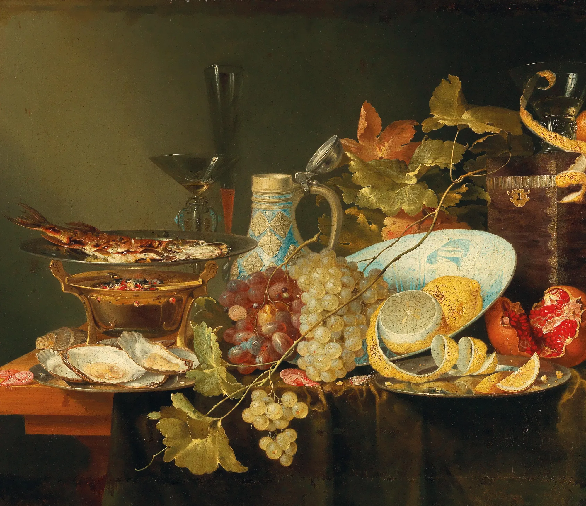 Still Life of Fruit, a Chinese Porcelain Bowl, and a Fish on a Stove
