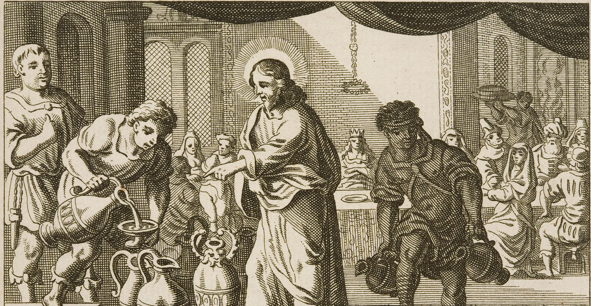 The Wedding at Cana The Wedding at Cana by Simon van Brussel. A detailed 18th-century engraving depicting Jesus Christ performing the miracle of turning water into wine at the wedding feast of Cana.