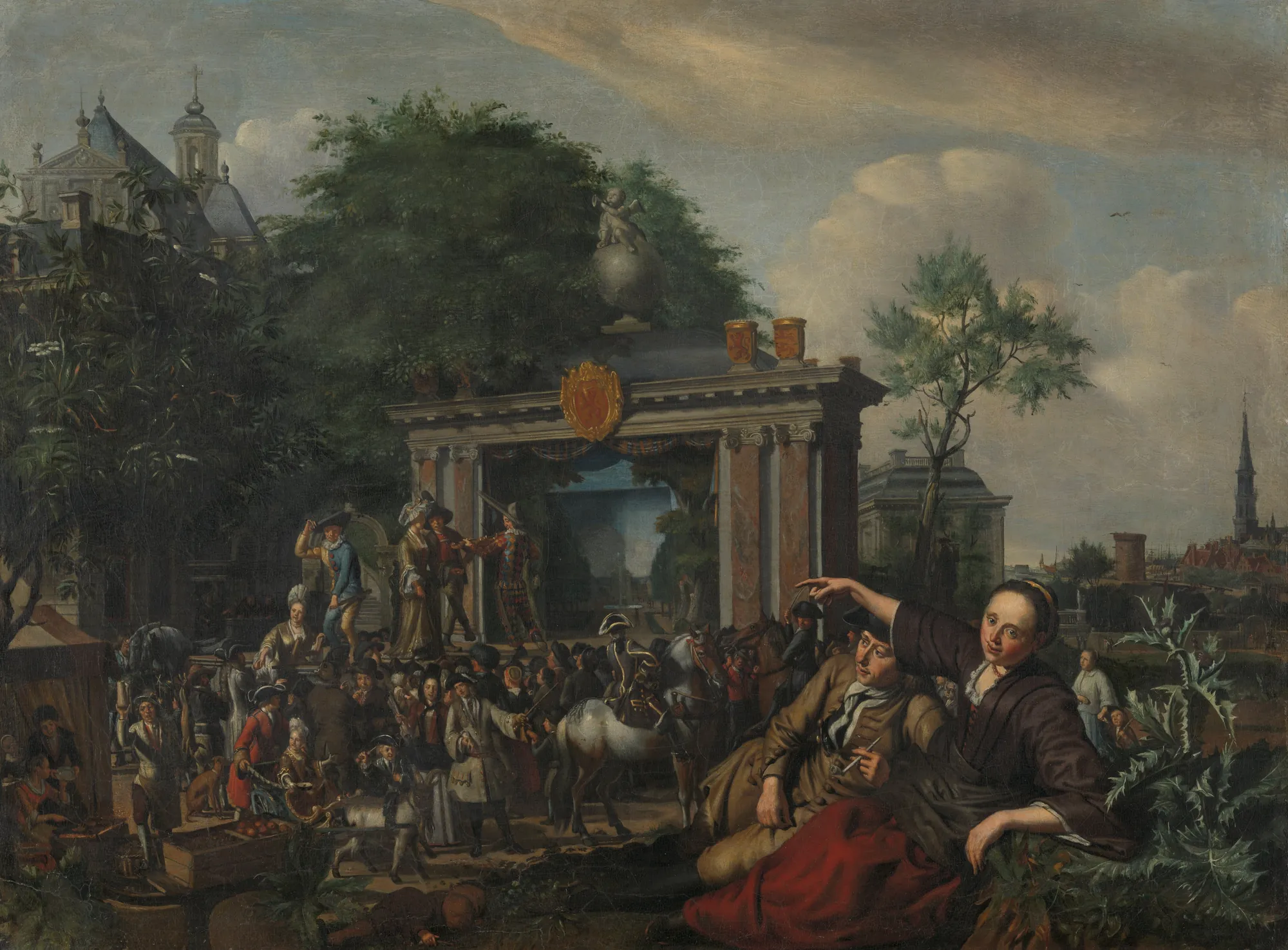 Theatrical Performance in the Open Air Theatrical Performance in the Open Air by Matthijs Naiveu. A bustling 17th-century outdoor scene featuring a theatrical stage with actors, surrounded by a crowd of spectators, horses, and urban architecture.